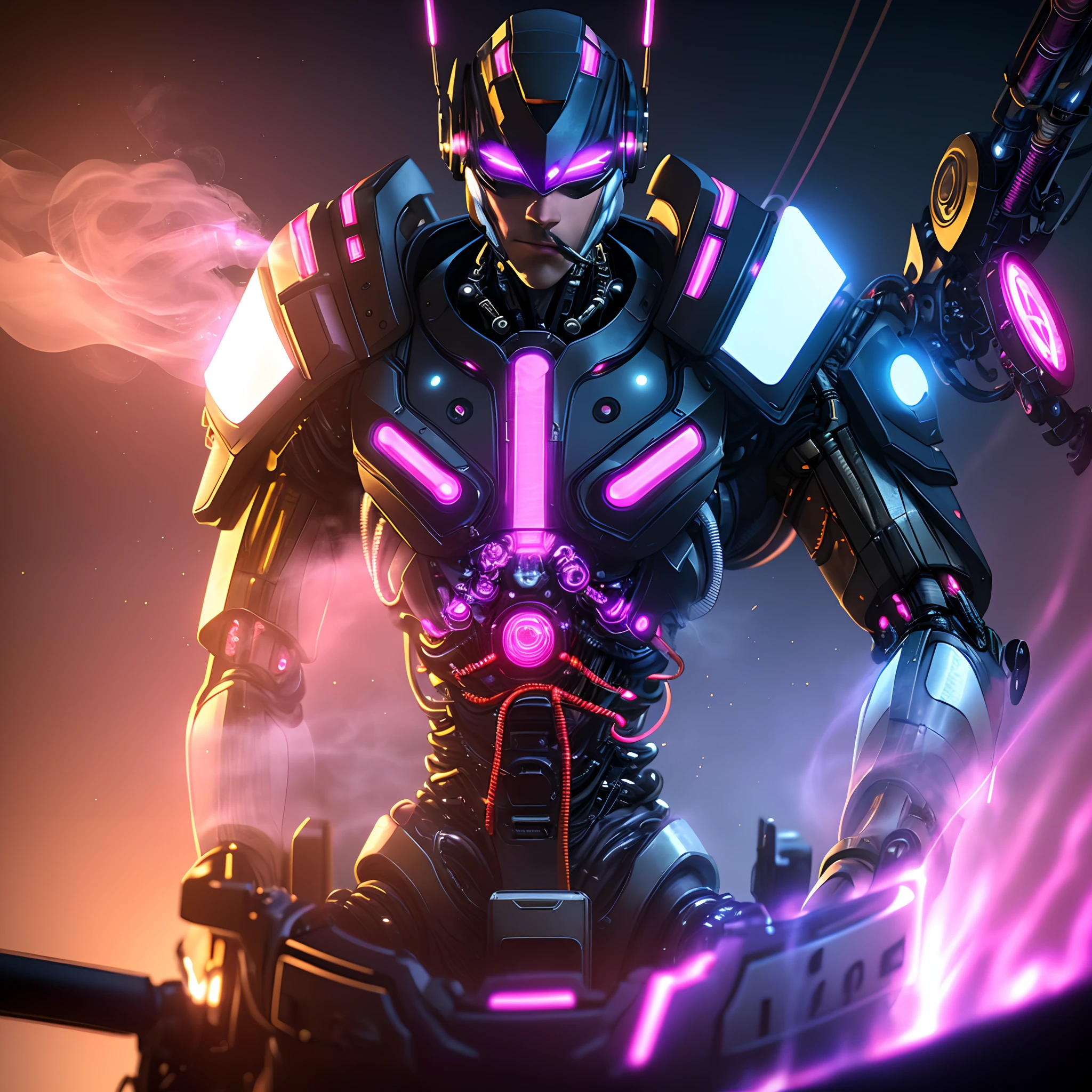 A man with a futuristic cybernetic headgear adorned with intricate wires, glowing symbols, and mechanical components, created using Unreal Engine for an ultra-realistic 3D render. The headgear covers his eyes, displaying illuminated symbols: three vertical lines on the left and a cross on the right. The background is bathed in a vibrant pink light, and the man has a cigarette in his mouth, emitting a thin trail of smoke