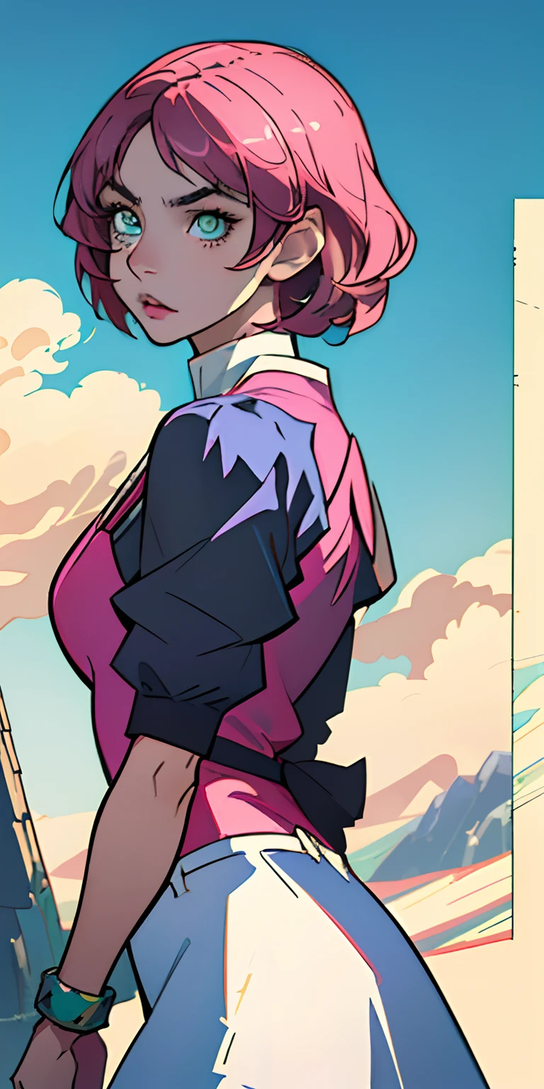 (master part, melhor qualidade) Alisa Rosto bonito, Olhos verdes detalhados , roupas elegantes e detalhadas , puffy lips ,Short Pink Hair Flower Accessories, (melhores detalhes) ( melhor qualidade) espetacular, dramatic scenery, Tekken , Digital anime illustration, Estilo anime 4K, por Yang J, Arte Digital Anime detalhada, arte digital estilo anime, a beautiful artwork illustration, Digital anime illustration, Arte Digital Anime, 8k arte detalhada de alta qualidade, tekken 7