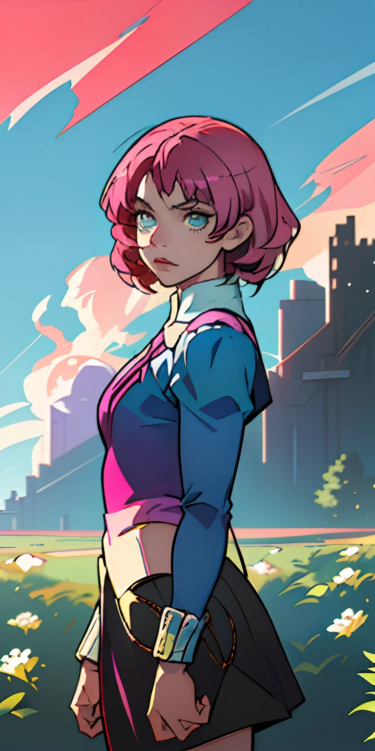 (master part, melhor qualidade) Alisa Rosto bonito, Olhos verdes detalhados , roupas elegantes e detalhadas , puffy lips ,Short Pink Hair Flower Accessories, (melhores detalhes) ( melhor qualidade) espetacular, dramatic scenery, Tekken , Digital anime illustration, Estilo anime 4K, por Yang J, Arte Digital Anime detalhada, arte digital estilo anime, a beautiful artwork illustration, Digital anime illustration, Arte Digital Anime, 8k arte detalhada de alta qualidade, tekken 7