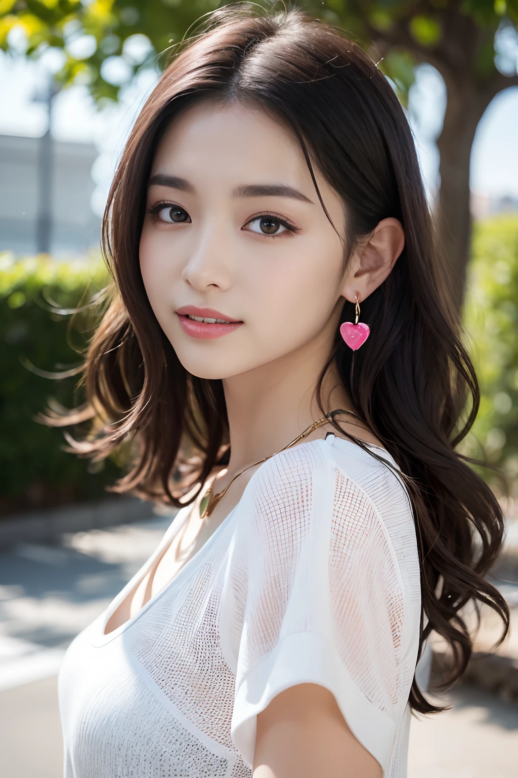 (8K,Raw photo、Raw photo、top-quality、Master masterpiece:1.2)、ultra-detailliert、Super Resolution、(Photorealsitic:1.3)、Angle to shoot from the front、Clearly draw shades of light、high resolution RAW color photos、professional photograpy、Same skin type as humans、Female proofreading of Japan from head to foot、Blur the background、Draws faithfully to anatomy、Very detailed and beautiful、Ultra-high image quality、long、Hair swaying and sexy、Very detailed beautiful girl、(Pink Eye Shadow)、smil、Plain clothe、Park on a sunny day、Loosely curly hair、turned around、Heart Earrings、a necklace