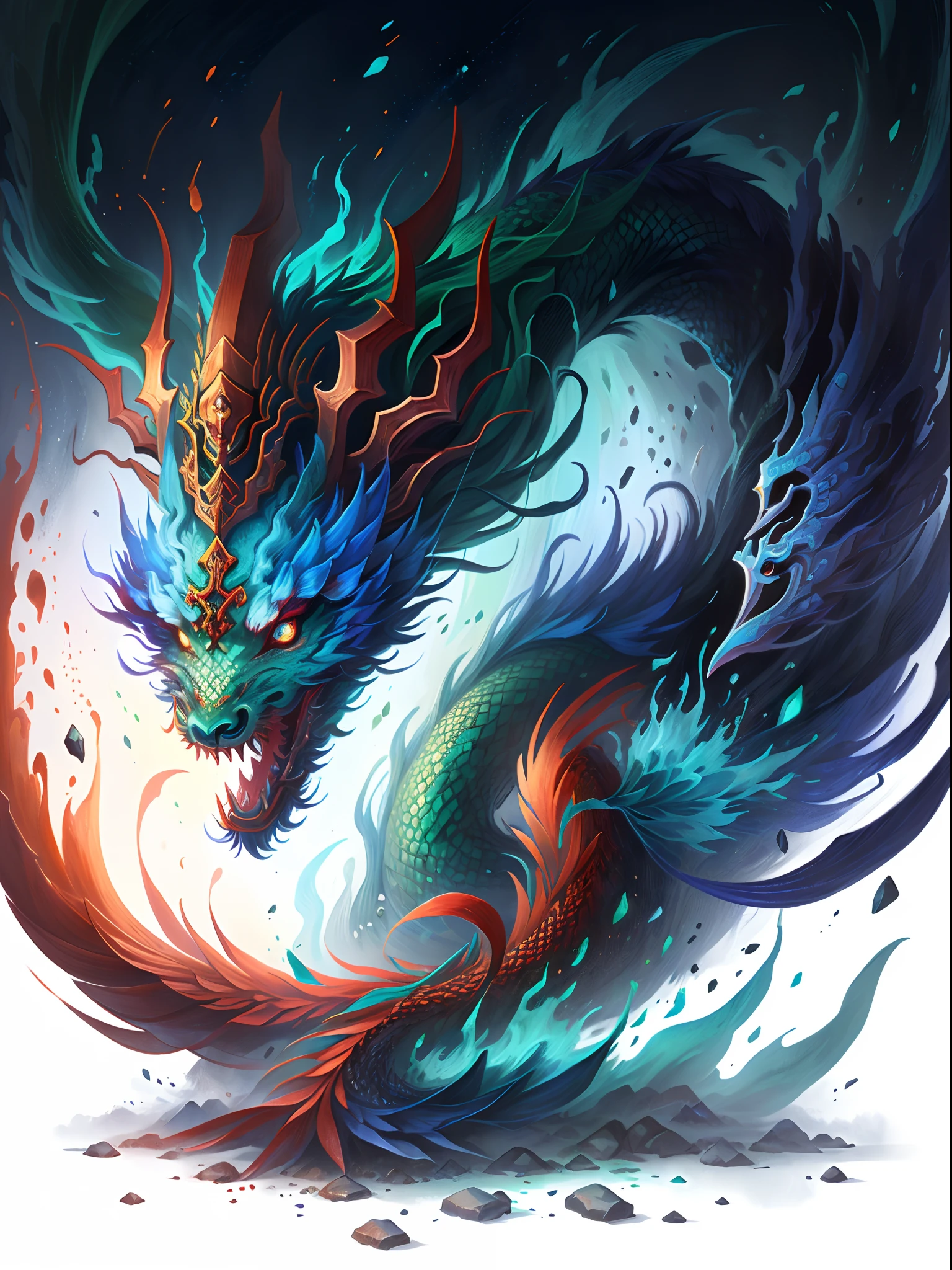 Photorealsitic,true to life,Close-up of the long-horned blue dragon, Red and green combination,Onmyoji detailed art, cyan chinese dragon fantasy, Detailed digital 2D fantasy art, asura from chinese myth, onmyoji portrait, chinese dragon concept art, chengwei pan on artstation, 4k highly detailed digital art, 4K detailed digital art, drak