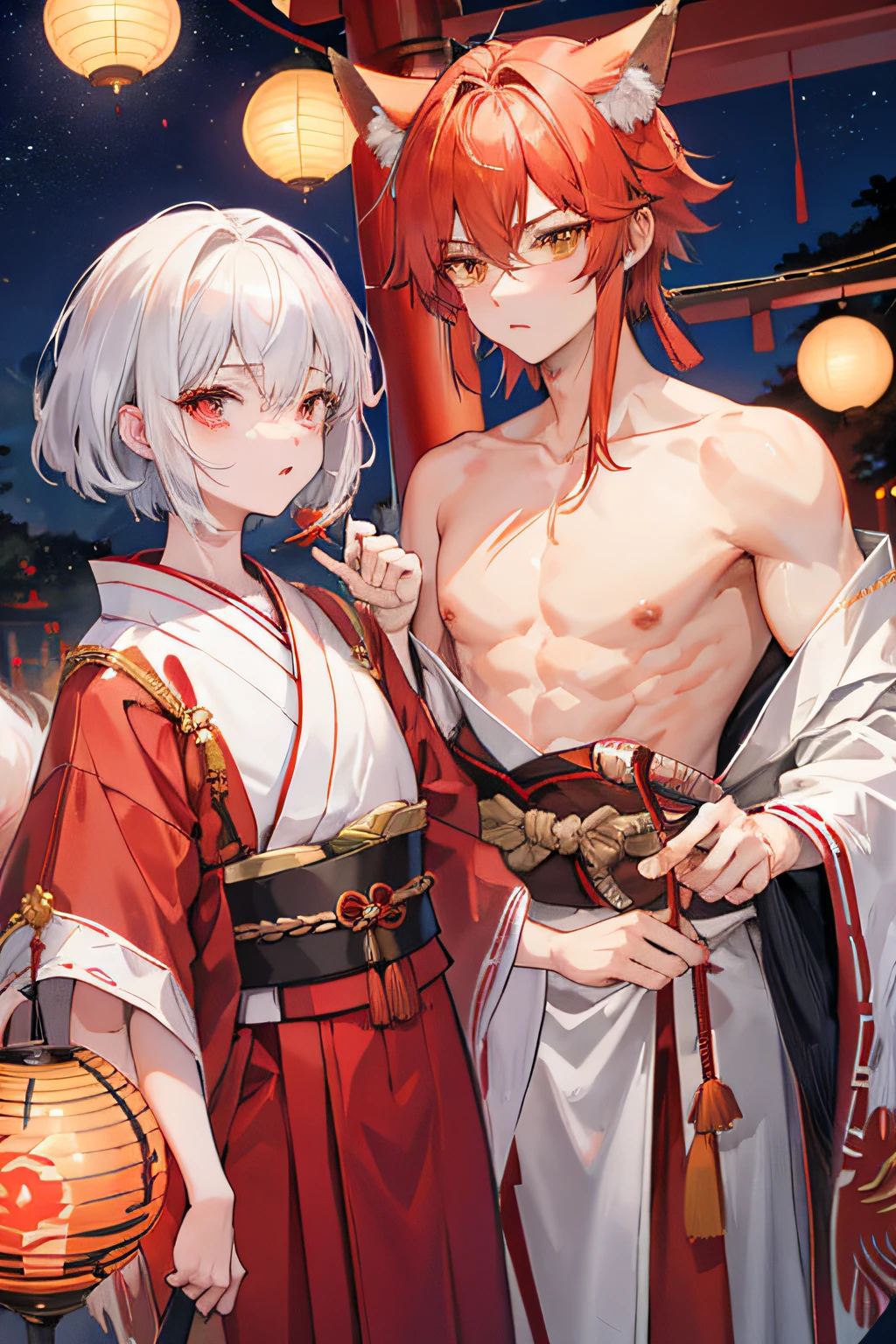 Two men、man of 30 years old、 Man with short hair in red and gold gradient、Long-haired man with silvery hair, Golden Eyes, Fox ears、fluffy fox tail、red blush、Conspiracy look、foliage、Short hair stylist, Provocative facial expressions、Kimono、Hakama、deadpan、broad shoulders、 scarred、folding fan、Night shrine, torii gate、Fireball、firefly, Orange lamp,