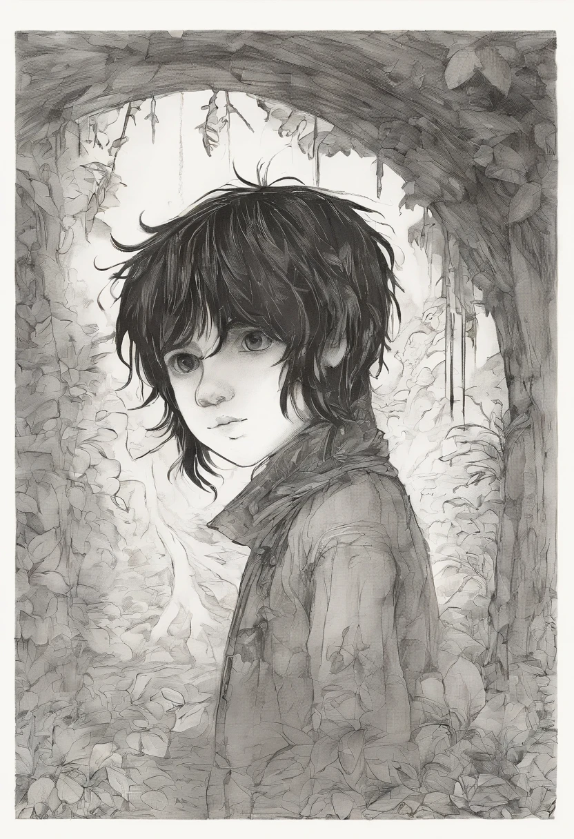 In the rustic courtyard, A young boy with, Children's drawing, black hair, asymmetrical hair, bangs, worried, three sided view, sideways, from side, from behind, tachi-e ,children's drawing