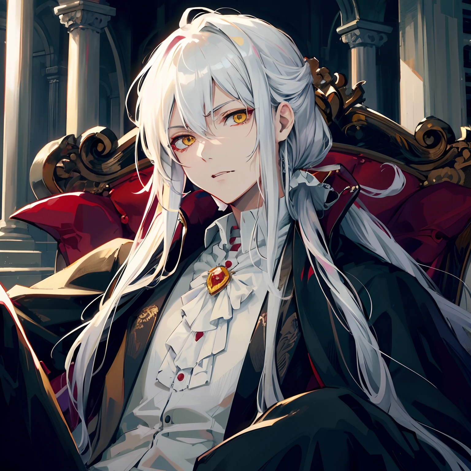 （tmasterpiece，Best quality at best，high high quality），1boys，（（unfazed by）），sitted，looking at viewert，White hair，（long whitr hair，messy  hair），red eyes，:(，floated hair ，Libido boy，There are wounds on the body