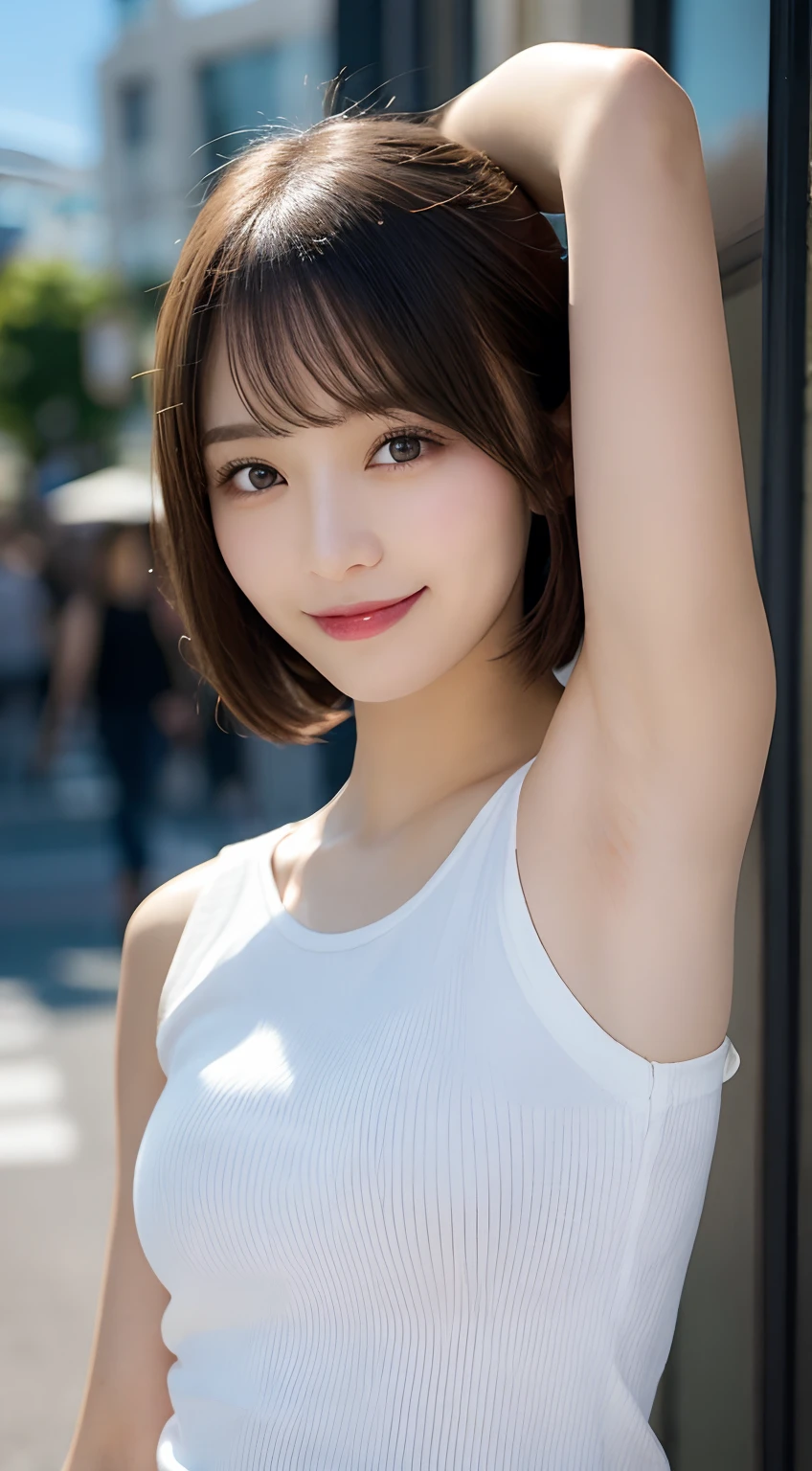 masutepiece, Best Quality, Illustration, Ultra-detailed, finely detail, hight resolution, 8K Wallpaper, Perfect dynamic composition, Beautiful detailed eyes, Women's Fashion Summer,Short bob hair,small tits, Bold sexy poses,Smile,Harajuku,20 years girl,Cute,Sexy shot looking at camera,sleeveless,Y shirt,(Armpits)