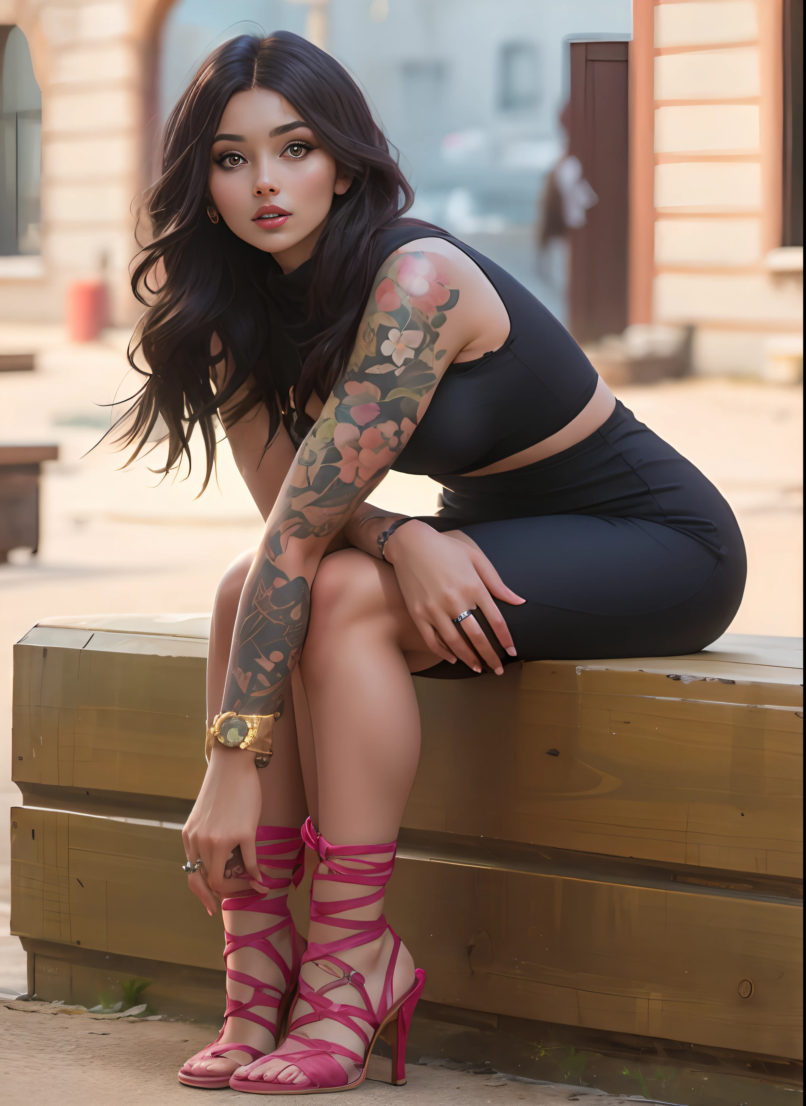 Arafed mujer con tatuajes sentada en un banco en una ciudad, con tatuajes, Manga de tatuaje en su brazo derecho, Entintado, de chica taiwanesa con tatuajes, tatuado, Cara bonita con brazos y piernas, Toma de retrato, chica atractiva, Anna Nikolanova aka Newmilky, Kaitlyn Michelle Siragusa, Alina Ivanchenko, Maxim Sukharev, Mujer preciosa