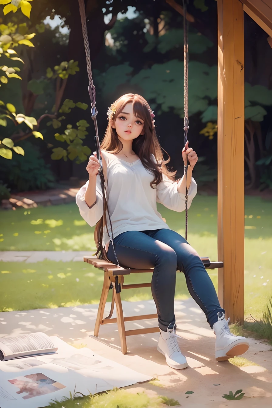 (masterpiece), (best quality), (ultra detailed),(disheed hair),(illustration), best lighting, best shadows, perfect hands, perfect finger, Anime, perfect illustration, 2d, 1girl, natural background, girl on swing, detailed face