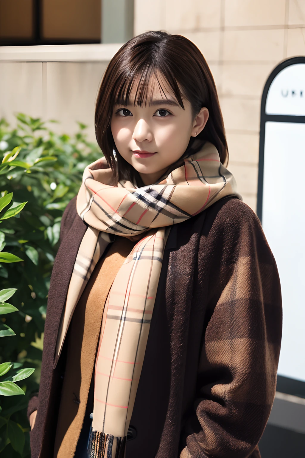 (realisitic、Photorealsitic:1.37)、(masterpiece、top-quality:1.2)、(超A high resolution:1.2)、(Raw photography:1.2)、(foco nítido:1.3)、(Face Focus:1.2)、(Ultra detailed CG unified 8k wallpaper:1.2)、(Beautiful skin:1.2)、(pale-skinned:1.3)、(hyper-sharp focus:1.5)、(Ultra Sharp Focus:1.5)、(Beautiful clean face:1.3)、(Ultra detailed backgrounds、detailedbackground:1.3), bokeh dof、depth of fields、BREAK、 Very cute and beautiful Japan women pictures、(22year old:1.1)、Portrait of a girl with a bright smile、((Full body shot:1.2))、Curvy body type:1.4、thicc thighs:1.4、gargantuan butt、long legged、Wearing thin white short curtains、curvy body、huge-breasted:1:4、Show lush thighs:1.6、((Walk in a dark brown woolen coat and knee-high boots, Tartan Check Mini Skirt:1.3, Burberry, Burberry Check Scarf:1.3, Fall Winter 2023-2024))