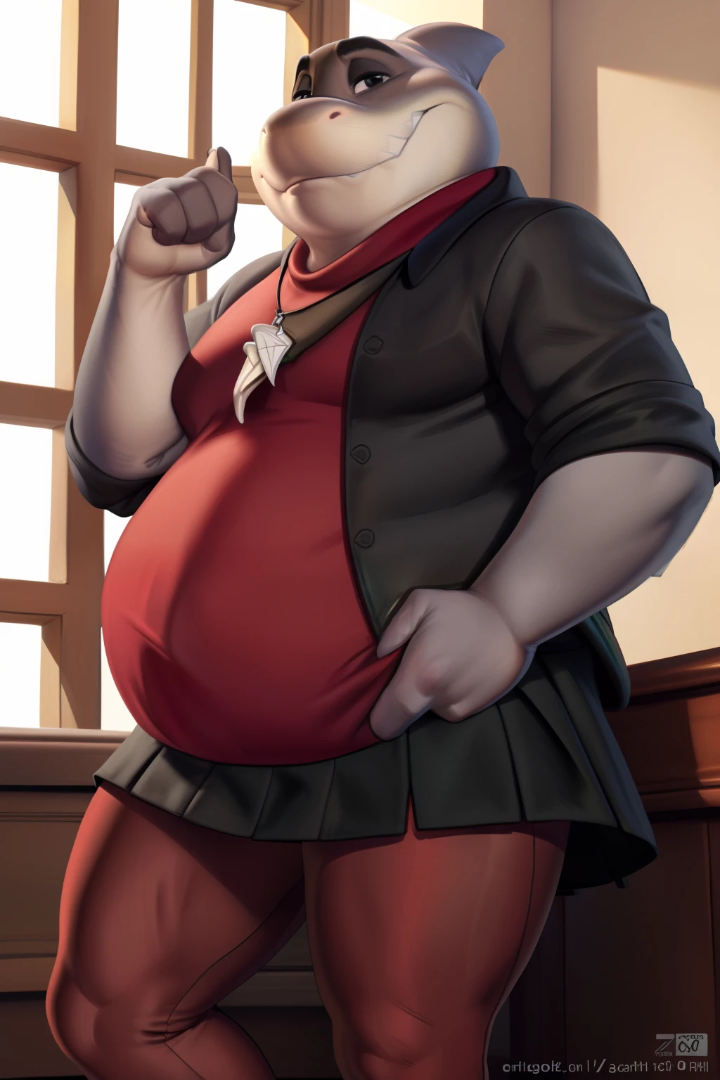 mr shark, plump, fat, belly, black eyes, (pose:1.3), (posing:1.3), (soft shading), 4k, hi res, five fingers, detailed hands, ((detailed face, (detailed eyes:1.0), detailed)), (full body), by zackarry911, by zaush, (by personalami:0.5), looking at viewer, 1boy, black jacket, male focus, ((red sweater (turtle neck)), dog tags, black skirt, giant head, huge head, big head, red pantyhose, white medium short hair