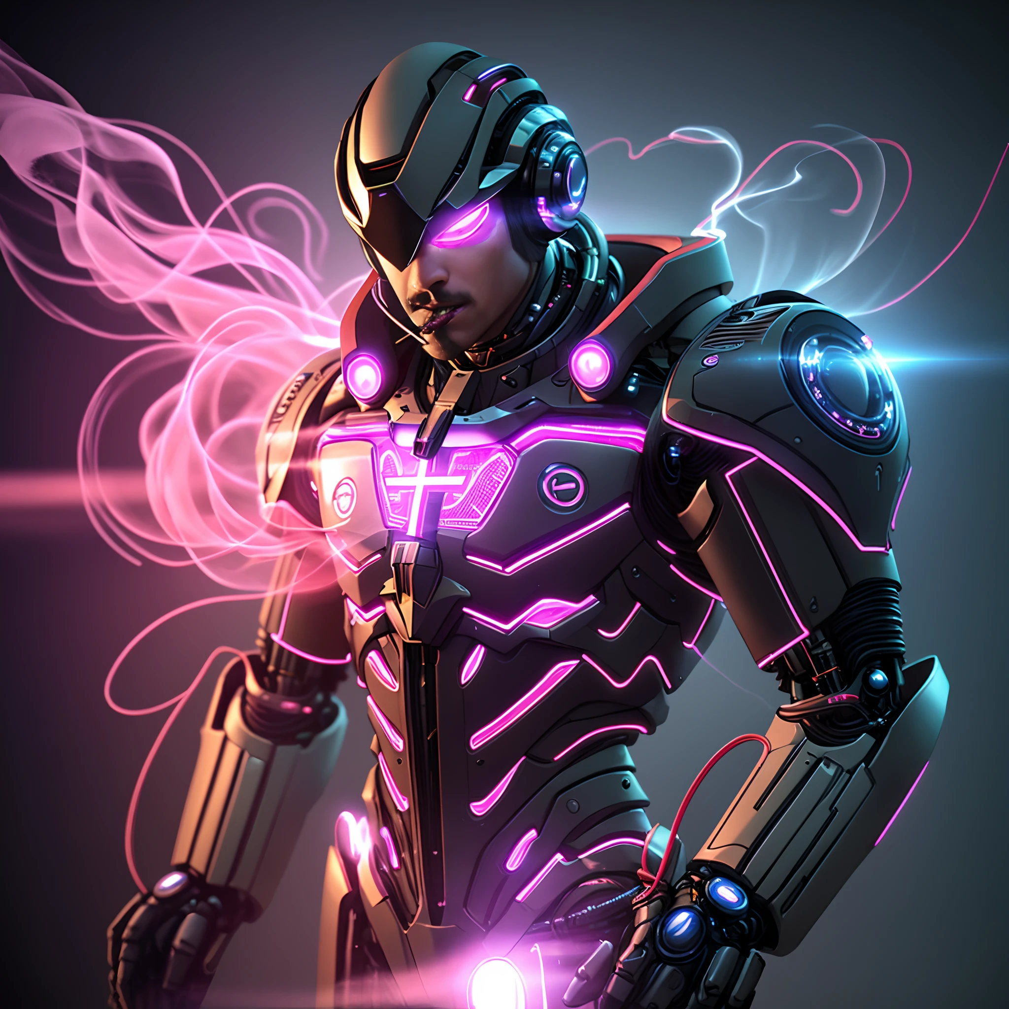 A man with a futuristic cybernetic headgear adorned with intricate wires, glowing symbols, and mechanical components, created using Unreal Engine for an ultra-realistic 3D render. The headgear covers his eyes, displaying illuminated symbols: three vertical lines on the left and a cross on the right. The background is bathed in a vibrant pink light, and the man has a cigarette in his mouth, emitting a thin trail of smoke
