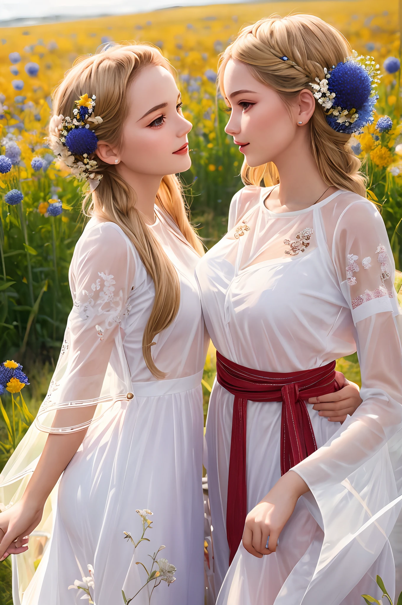 (dynamic pose:1.2),(dynamic camera),photo RAW,((close-up of portrait of two young_women in see-through dress)),Embroidery pattern:1.5,belorussin,long blonde wave hair, standing on flowers field, big cornflowers in foreground (bokeh:1.2)), masterpiece, award winning photography, lighting, perfect composition, high detail, hyper realistic,dramatic lighting, epic