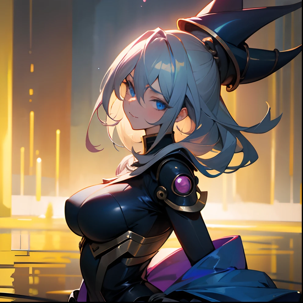 Dark Magician Girl、MKSKS style、Solo、(highly detailed back ground:1.0)、(highly detailed back ground:1.0)、​masterpiece、top-quality、超A high resolution、in 8K、upper Shot、break、(Detailed hair、1/2 and 1 gold/2 Silver Hair)、BREAK、Detailed skin、glowy skin、A detailed eye、Blue eyes、Burning cheeks、Laughing、Large breasts、BREAK、Cyberpunk clothing:1.2、Detailed clothing、looking in camera、(The fountain:1.2、Bright atmosphere)