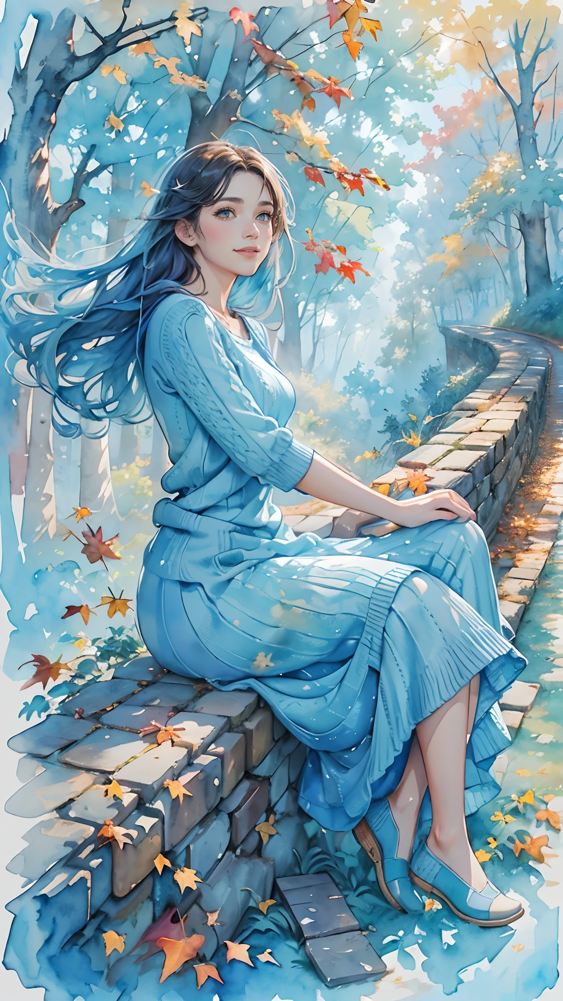 8K,​masterpiece,top-quality, (From the top:1.6) ,(close up:1.1),Dynamic Pose,Sitting on bricks in the forest of autumn leaves,Beautiful woman at 30 years old,Portrait, light, Long hair, A smile, watercolor paiting \(Medium\),watercolor paiting,(Plain short-sleeved light blue knit dress that adheres to the body:1.3)