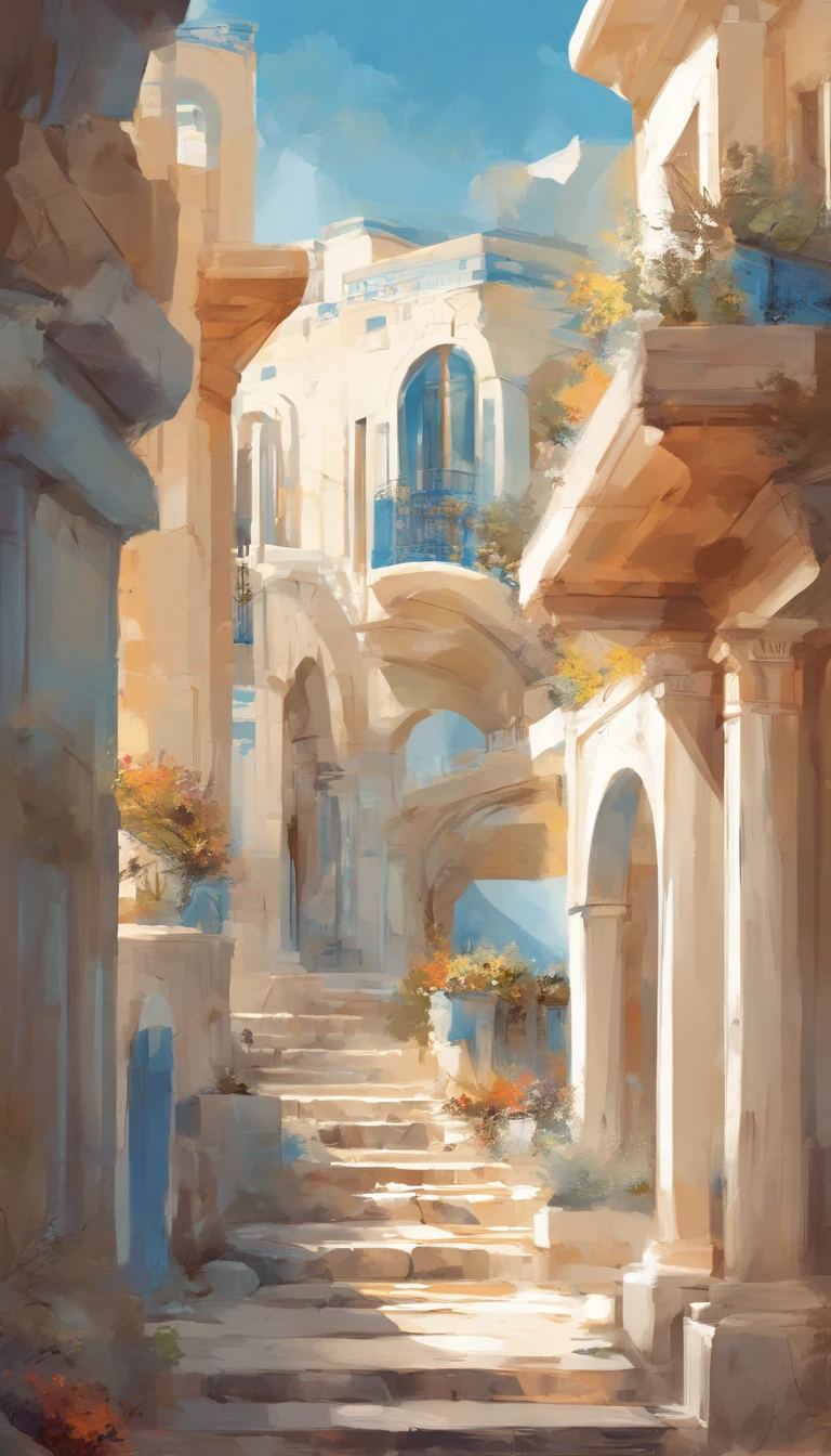 "Modern street in Greek style、The main colors are white and blue、Warm Mediterranean colors。Modern and elegant style、marbled、glass、wood texture、Lines containing Greek columns and arches、Greek modern architectural forms blend into the city's beautiful landscape