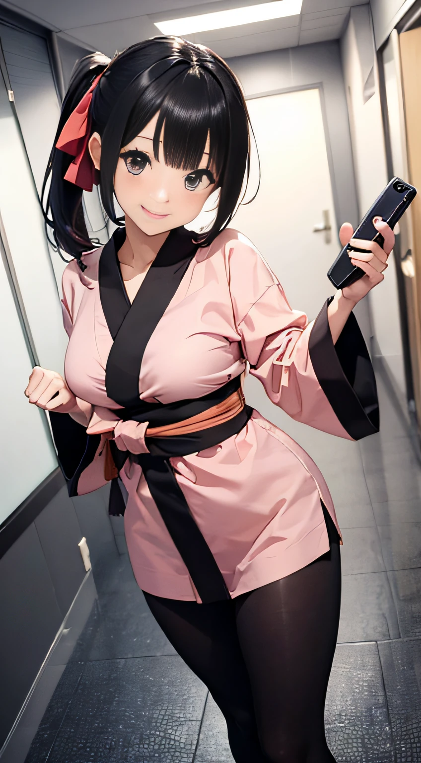 masutepiece, 8K best image quality, 8K ultra-high resolution, (Cute slender woman in anime style), A big smile, (Eyes, Beautiful eyes:1.2), (hairstyle on, black dull bangs:1.2), (The hair、Short ponytail:1.2)、Full body, ninjartist, Active, Ninja-style costume arrangement、 Peach-colored fabric、Pink yukata, loose costume、accurate fingers, Correct number of fingers, Smile, Wink, Black hair,Selfie stick with smartphone、
