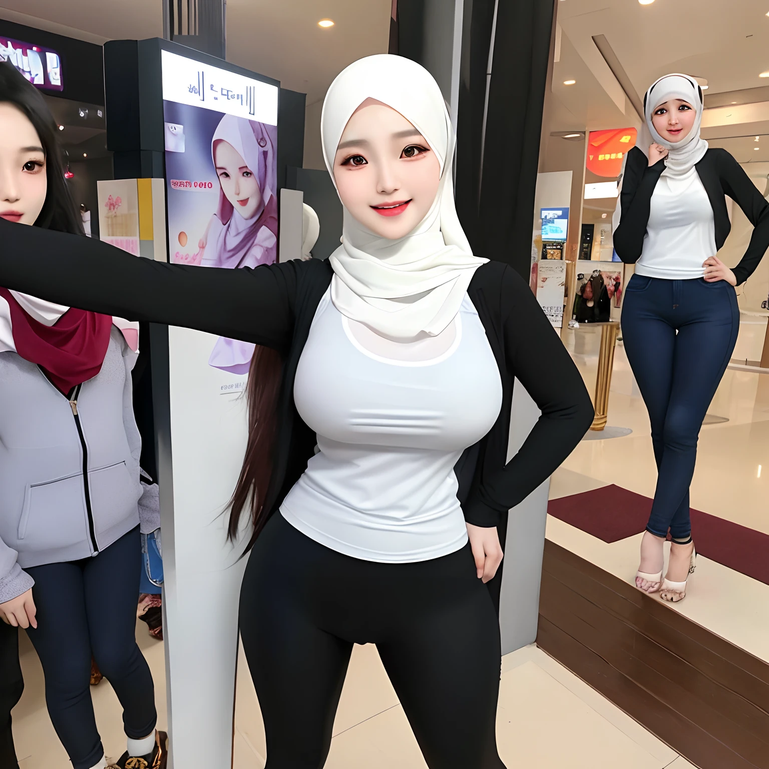 Hijab,realistic,kpop idol,1girl,korean girl,sexy,beautiful,he tall,super big breast,(X cup),happy,smiling very detailed face,tight t-shirt,hijab,and long tight pants outfit,in mall,standing pose sexy,selfie look at camera,pose sexy,beautiful,and hot