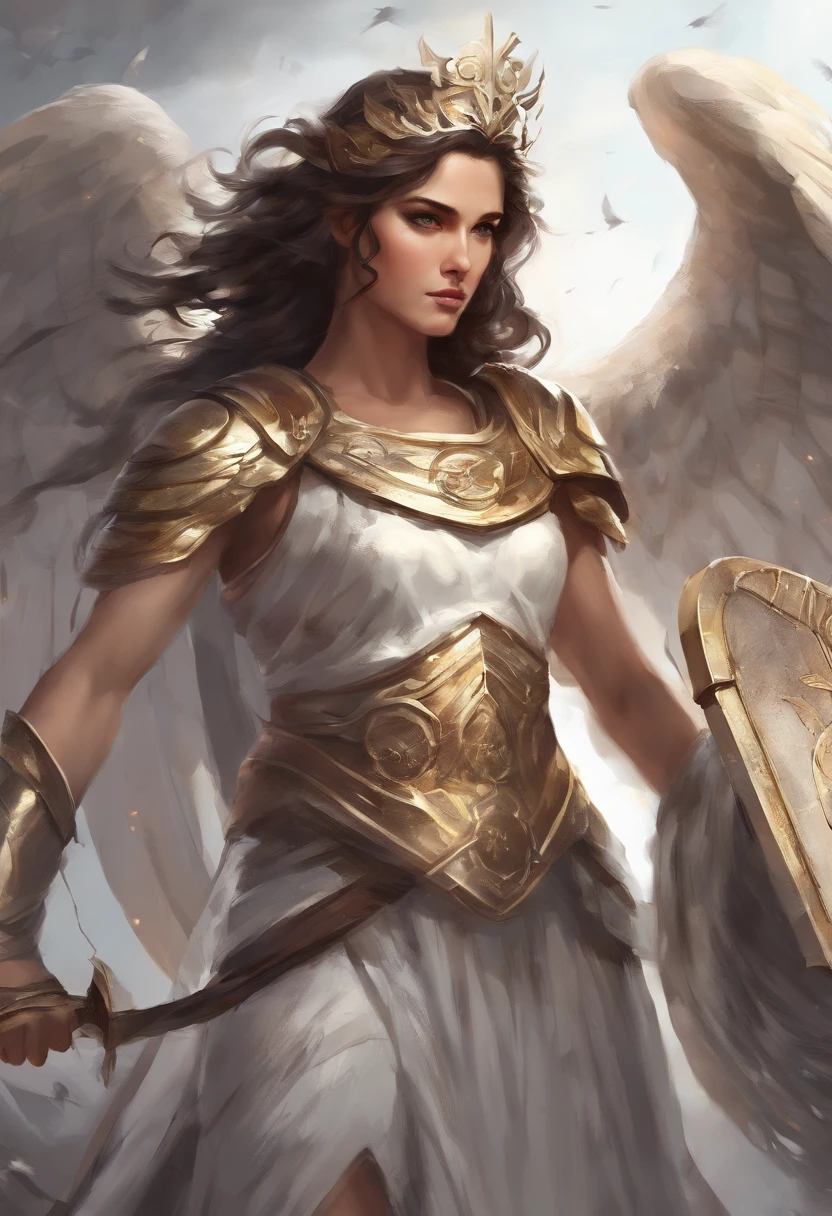 Greek Goddess Athena, brown hair, fierce gray eyes, angel white wings, she is wearing a greek light armor, she is holding a spear with her right hand, religious painting