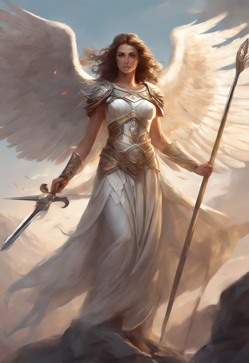 Greek Goddess Athena, brown hair, fierce gray eyes, angel white wings, she is wearing a greek light armor, she is holding a spear with her right hand, religious painting