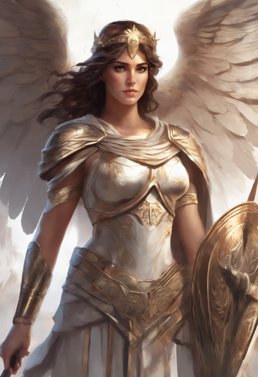 Greek Goddess Athena, brown hair, fierce gray eyes, angel white wings, she is wearing a greek light armor, she is holding a spear with her right hand, religious painting