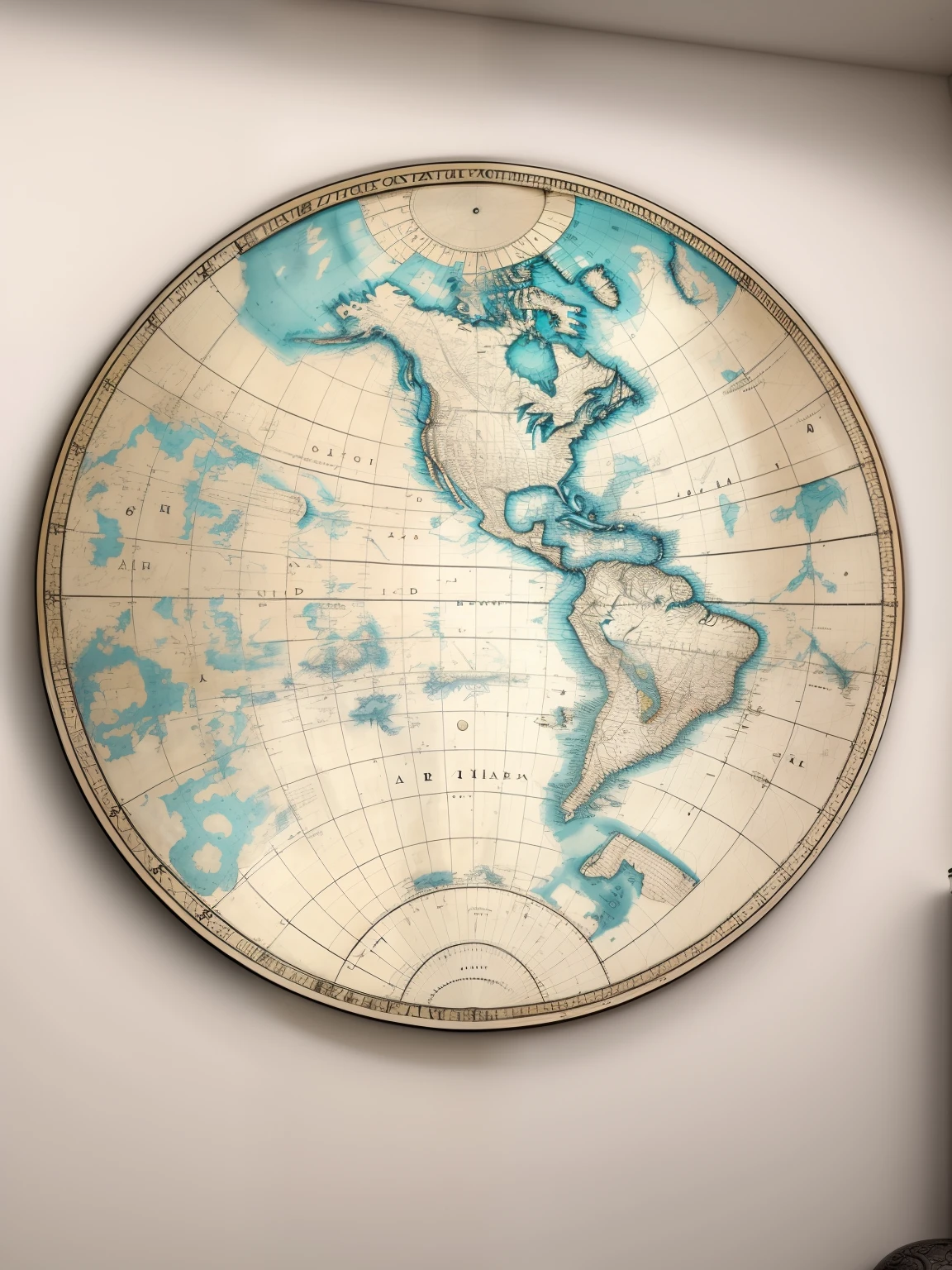 arafed map of the world on a wall in a living room, north hemisphere, ancient map, based on geographical map, large globe, cartography map art, 1 7 0 0 s atlas, highly detailed map, world map, masterpiece work of art, nautical maps, highly detail, highly detailed etching, black and white engraving, cartography