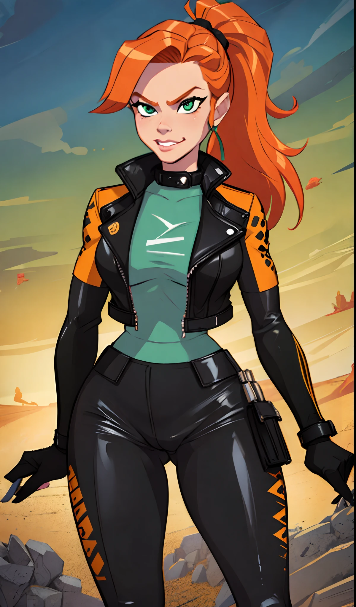 1girl, Best quality, masterpiece, cowboy shot, orange hair, green eyes, tight clothes, cheetah, bike, leather jacket, rough messy ponytail