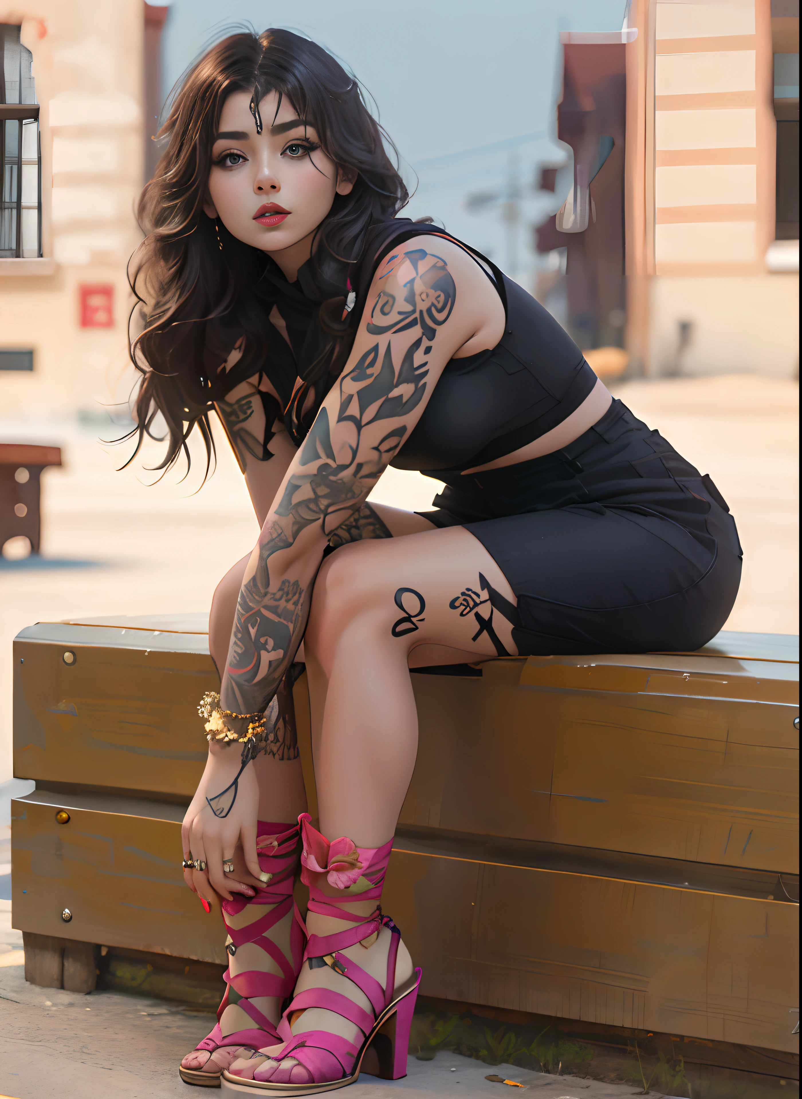 Arafed mujer con tatuajes sentada en un banco en una ciudad, con tatuajes, Manga de tatuaje en su brazo derecho, Entintado, de chica taiwanesa con tatuajes, tatuado, Cara bonita con brazos y piernas, Toma de retrato, chica atractiva, Anna Nikolanova aka Newmilky, Kaitlyn Michelle Siragusa, Alina Ivanchenko, Maxim Sukharev, Mujer preciosa