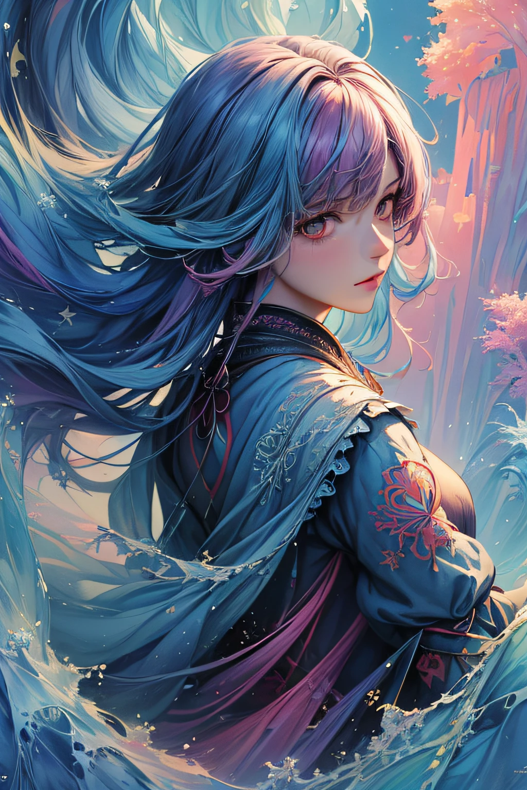 (masterpiece, top quality, best quality,watercolor (medium),official art, beautiful and aesthetic:1.2),(1girl:1.3), (fractal art:1.3),upper body, from side, looking at viewer,patterns,(rainbow color Hair,colorful hair,half blue and half pink hair:1.2),water,liquid, cloud,colorful, starry,stars,