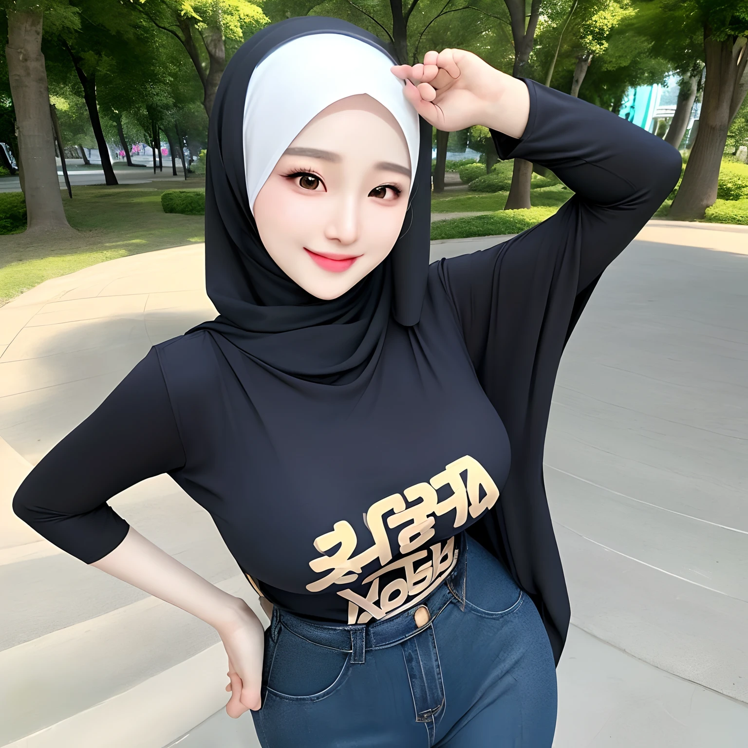 Hijab,realistic,kpop idol,1girl,korean girl,sexy,beautiful,he tall,super big breast,(X cup),happy,smiling very detailed face,tight t-shirt,hijab,and long tight pants outfit,in park,standing pose sexy,selfie look at camera,pose sexy,beautiful,and hot