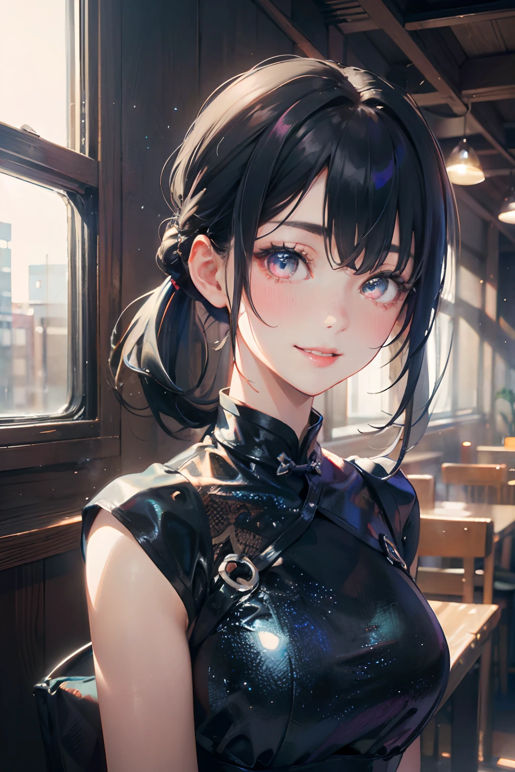 a 20 yo woman、Black blue Hair、poneyTail、Bun hair、Big smile、Iridescent eyes、(hi-top fade:1.3)、dark themed、Muted Tones、Subdued Color、highly contrast、qipao dress、(natural skin textures、Hyper-Realism、Soft light、sharp)