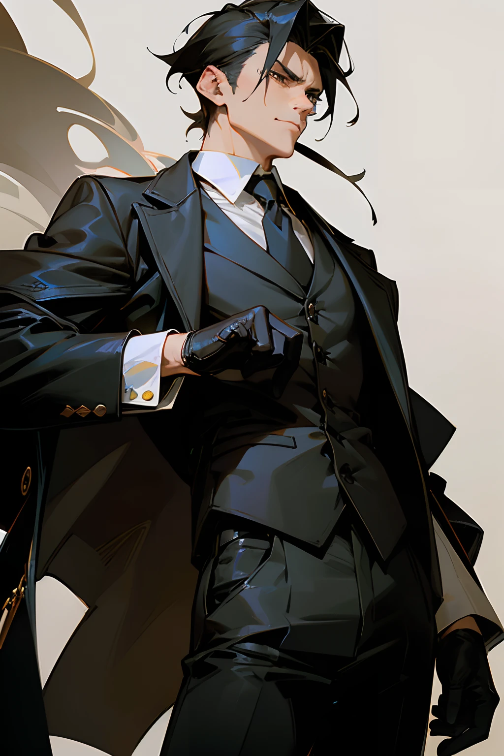 Man with a straight face、Black jacket、vests、Black pants、Leather gloves、tobacco、Two-block、A dark-haired、dandy