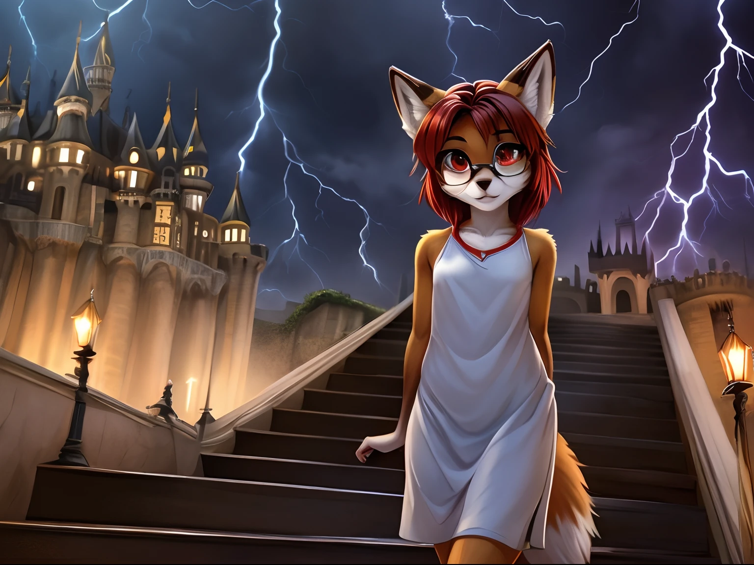 Young fox furry girl with short red hair, beautiful red eyes, wearing glasses standing in front a flight of stairs, looking up at them, with haunted castle in the background, while a thunderstorm rages, viewed from behind her