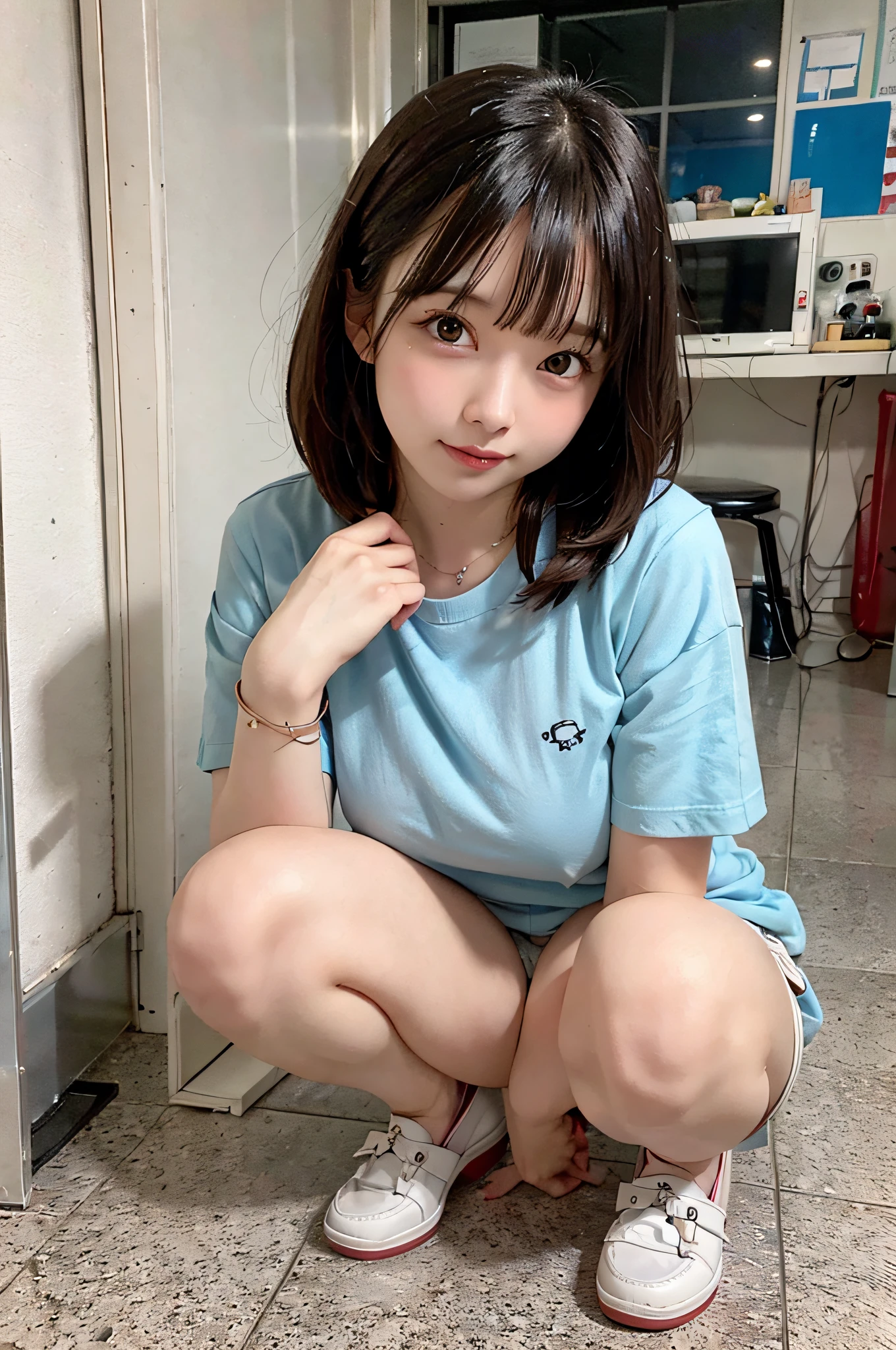 alta qualidade、High-level image quality、obra prima、Bright red sky、Nuvens loucas bonitas no fundo、Squat at the edge of the wave、 bonita da escola que estende as pernas, She has medium bob hair.、Cor de cabelo bonita de castanho claro、seios grandes e rechonchudos、Constricted waist、Blusas brancas、usando uma saia plissada、Shoes are loafers、Meias Pretas、
calcinha branca、
She's posing for a photo shoot, looking at the camera、Tiro de baixo da virilha、