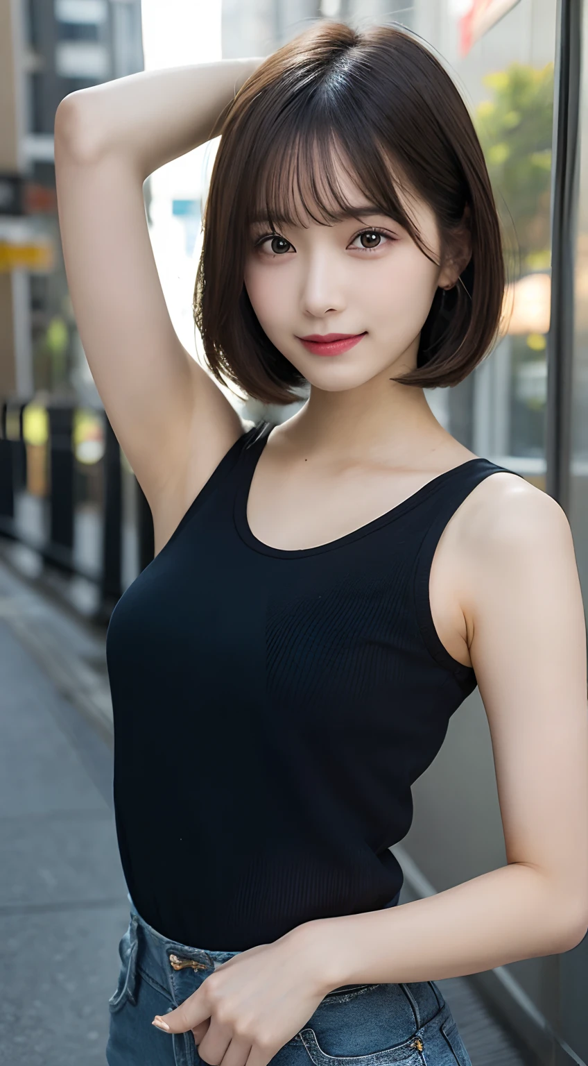 (8k, RAW Photo, Best Quality, Masterpiece:1.2), table top, Ultra Detail, Super Resolution, (Realistic, Realistic Photo:1.37), Portrait, High Detail RAW Color Photo, Professional Photo, Extremely Detailed and Beautiful, Extremely detailed, 8k wallpaper, amazing and detailed, huge file size, official art, highly detailed CG unity 8k wallpaper, highly detailed beautiful girl, highly detailed face, highly detailed eyes, highly detailed skin, highly detailed fingers, highly detailed nose, very detailed detailed mouth , perfect anatomy, highly detailed background, highly detailed clothes, 1girl, ,cute girl, realistic body, fair skin, glowing skin , slim body, handsome body, black hair , Semilong hair, (blunt bangs:1.2), smile, cute, youthful, cute face, realistic face, delicate eyes, drooping eyes, looking at viewer, standing posture, Contraposto, dynamic lighting, (medium breasts), (Perfect Body Proportions), (slender Body Proportions), (tank top), (mini skirt), (Inside the pub),