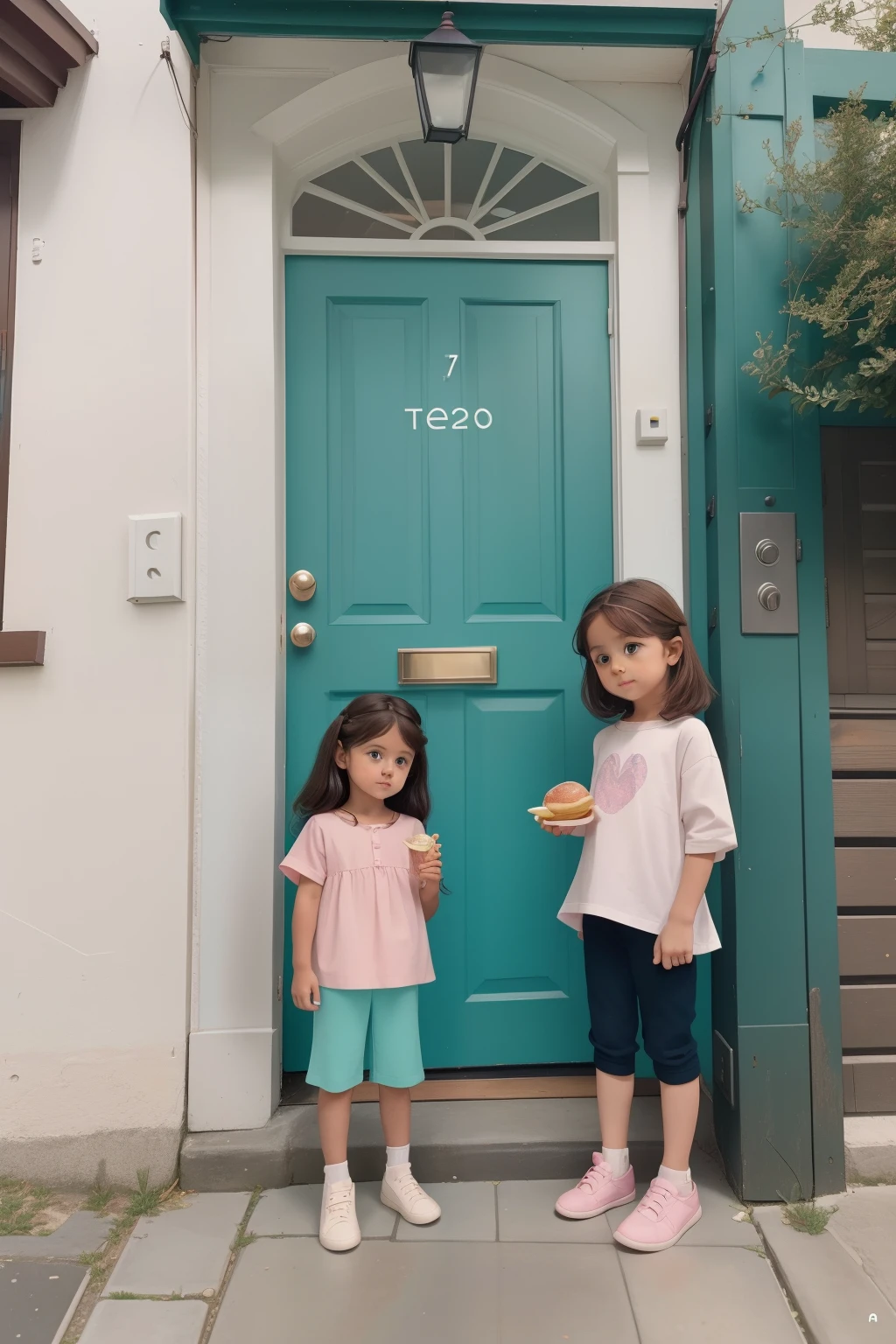 year: 2023. Location: Sweden. Pre-Raphaelite, two 3 and 7-year-old s, sister, tanned, brunette, standing outside an open door, in the street, (((holding a food container))), bringing a food tray to their neighbor, ((((casual kid Clothing from the 2020s)))) ((Hairstyle of the 2020s)), pastel colors, (((cinematic style)))