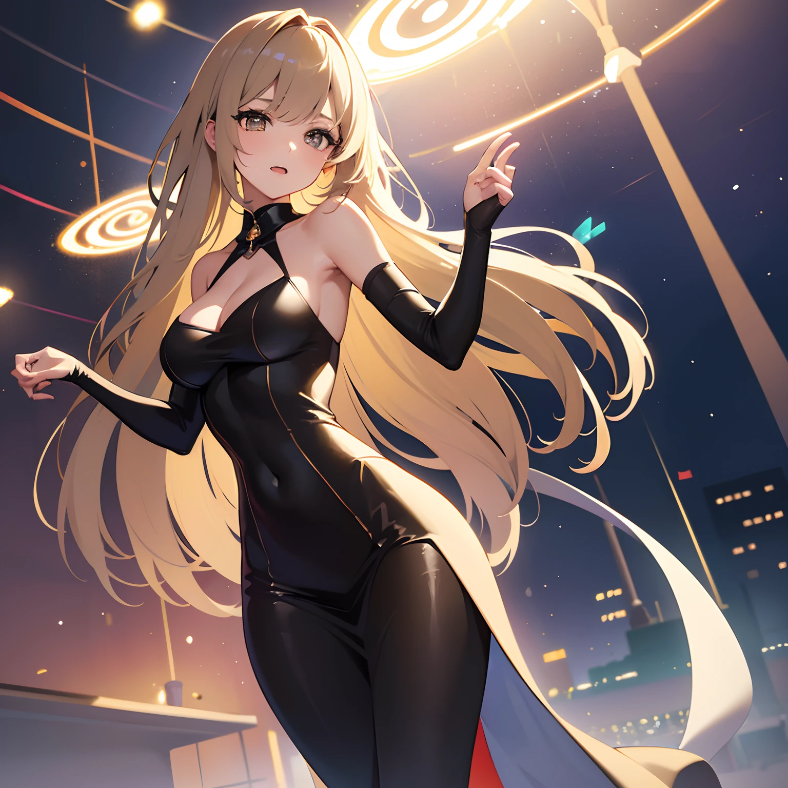 finest image, very cute woman 22 years old, round face, amorous expression, lewd expression, ecstasy, orgasm, light brown long straight bangs, iridescent hair, big round double eyes, medium breasts, slender, perfect proportion, long thin legs, a gorgeous long dress made of black satin fabric with a large V-shaped opening at the chest and back, walking, that emits fantastic light, light particles, light sparkles, iridescent light particles, blurry background on the station platform, professional lighting
