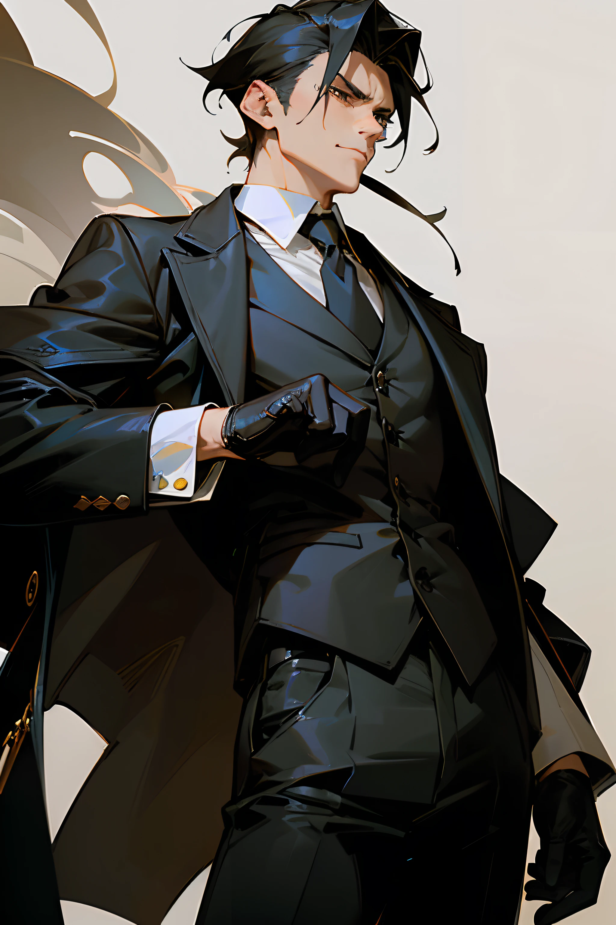 Man with a straight face、Black jacket、vests、Black pants、Leather gloves、tobacco、Two-block、A dark-haired、dandy