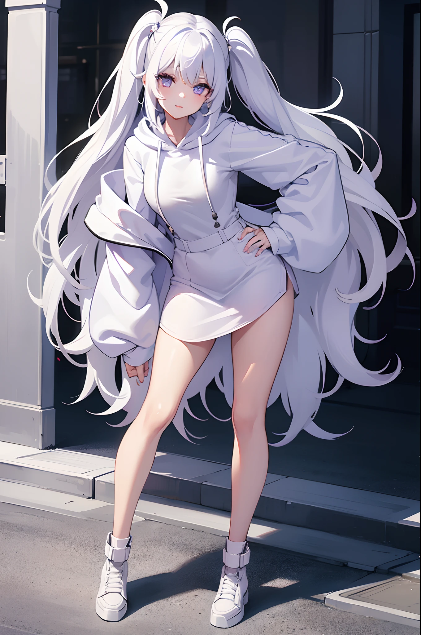 (1girl in)、white hair、Lilac glowing eyes、Down Style、a miniskirt、A slight smil、frontage、full body Esbian、Parted lips、White Hoodie、high-waisted jeans、