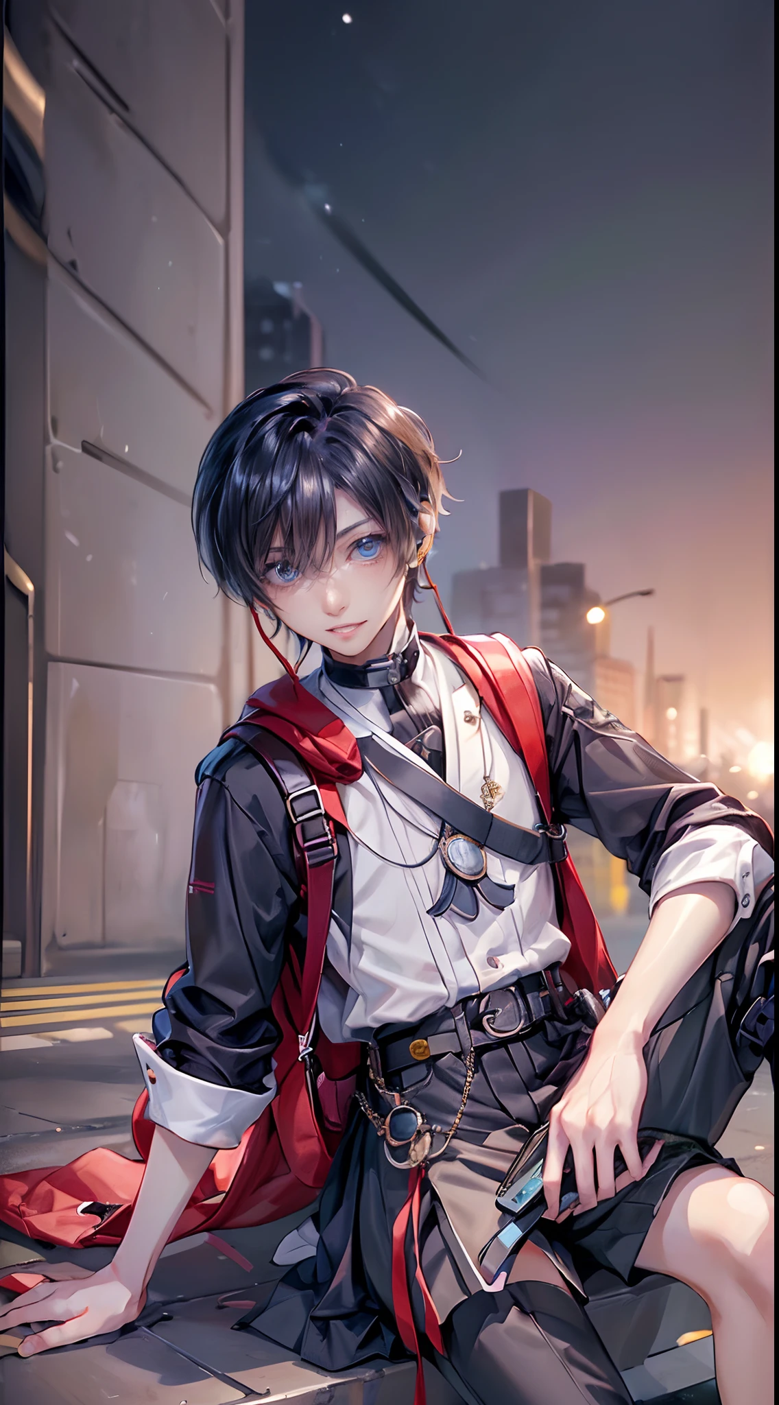 ((4K works))、masterpiece、(top-quality)、((high-level image quality))、((One Manly Boy))、Slim body、((Attractive and sexy fashion))、((Men's Fashion))、((Holding a backpack and iPhone in hand))、(Detailed beautiful eyes)、In a fashionable city、Sitting on the curb and listening to music、Face similar to Chaewon in Ruseraphim、((short hair above the ears))、((Smaller face))、((Neutral face))、((Light brown eyes))、((Korean boy))、((18year old))、((Handsome man))、((Teeth and smile expression))、((Korean Makeup))、((elongated and sharp eyes))、((photo of a model))、((Like a celebrity))、Professional Photos、((Shot alone))、((Sitting on the curb and listening to music through headphones))、((He sits in front of the viewer))、((Shot diagonally up from the front))、((Hold your iPhone in your hands、Look at your iPhone screen))