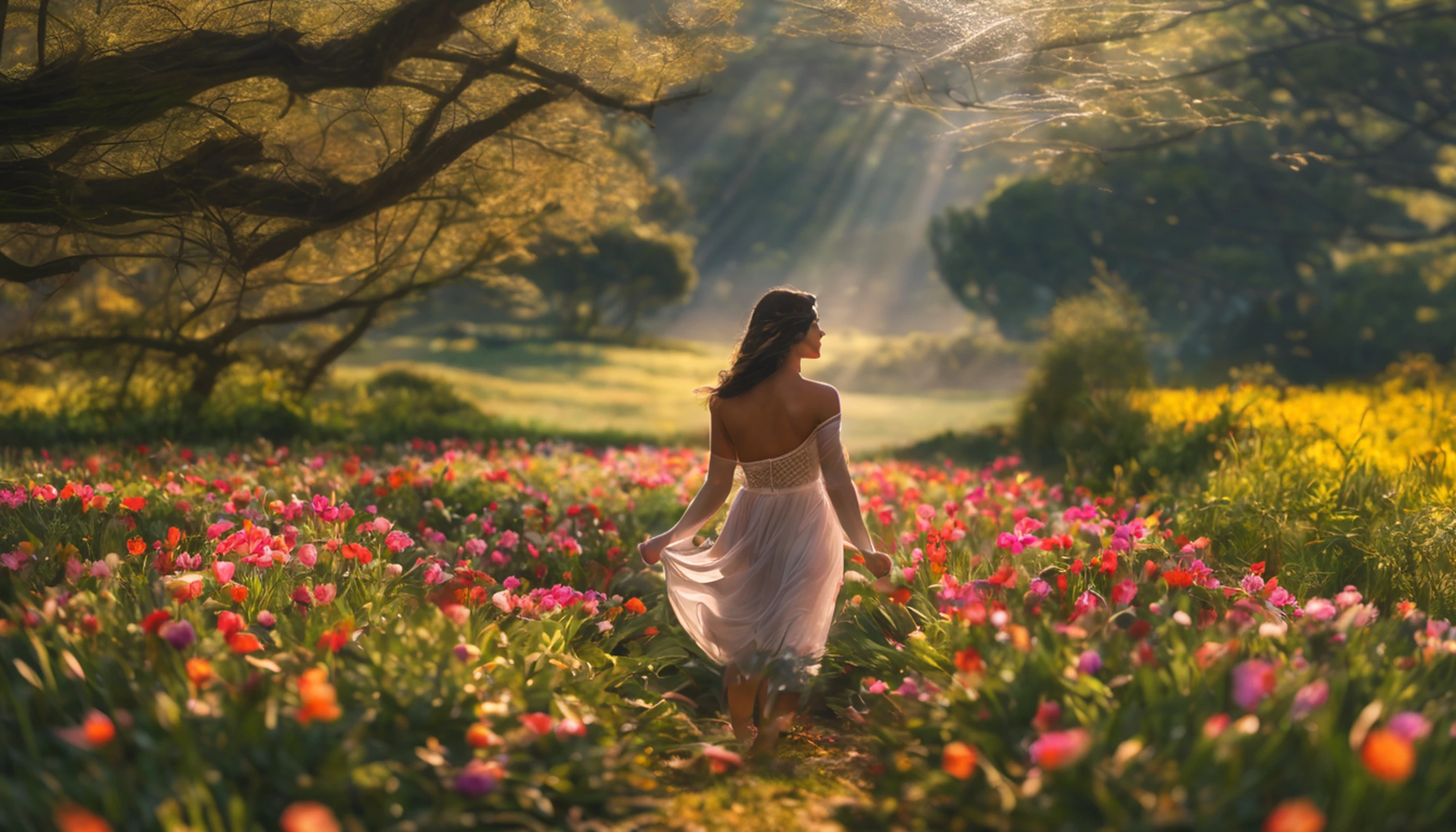 1girl (Jennifer Connelly -30 anos), solo, corpo inteiro, (obra-prima:1.21), (melhor qualidade:1.2), colorido, (illustration:1.2), (cinematic lighthing:1.1), (ombros nus:1.21), (鎖骨: 1.21) and fantastic garden, The scenery is illuminated by a rainbow of (vaga-lumes coloridos), dancing and fluttering in the air. The garden is decorated by a soft (garoa), creating a misty and ethereal atmosphere. No centro da cena, there's a single girl, uma garota extremamente delicada e bonita, with cute features and innocent expression. Her long hair is floating in the wind. She's wearing a strapless dress, which is ultra neckline, destacando suas curvas delicadas. The lighting is very delicate and beautiful, creating a soft and warm glow that highlights the water, fazendo-a brilhar como diamantes. The finest grass is also illuminated, criando um tapete exuberante e verdejante. The garden is surrounded by fields of colorful flowers, com flores de todas as cores e formas. (Borboletas coloridas), de todos os tons e tamanhos, podem ser vistas flutuando pela cena, increasing the overall sense of wonder and magic. (olhar para o visualizador), A flush can be seen in his nose and his mouth is slightly open, adding to the overall sense of innocence and youthfulness. Falling petals can be seen floating around her, adding to the overall sense of romance and beauty. Um vento suave sopra pela cena, making the leaves whisper and the flowers sway, increasing the overall sense of movement and life. This is a scene of pure wonder and magic, repleta de cor e beleza, onde o espectador se pode perder num mundo encantador e cativante.