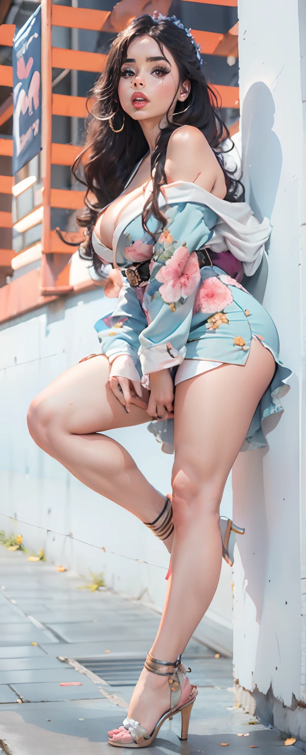 una mujer con un vestido azul apoyada contra una pared, piernas jugosas, Retrato claro de Demi Rose, Violeta Myers, Medio rosa, angela white, Piernas gruesas, Hermosa sastre de jade, hermosas piernas, Cara bonita con brazos y piernas, Retrato Demi Rose, Retrato de Demi Rose, bonitas piernas, pose sexy, en kimono, Hermosa pose, Foto giganta muy detallada