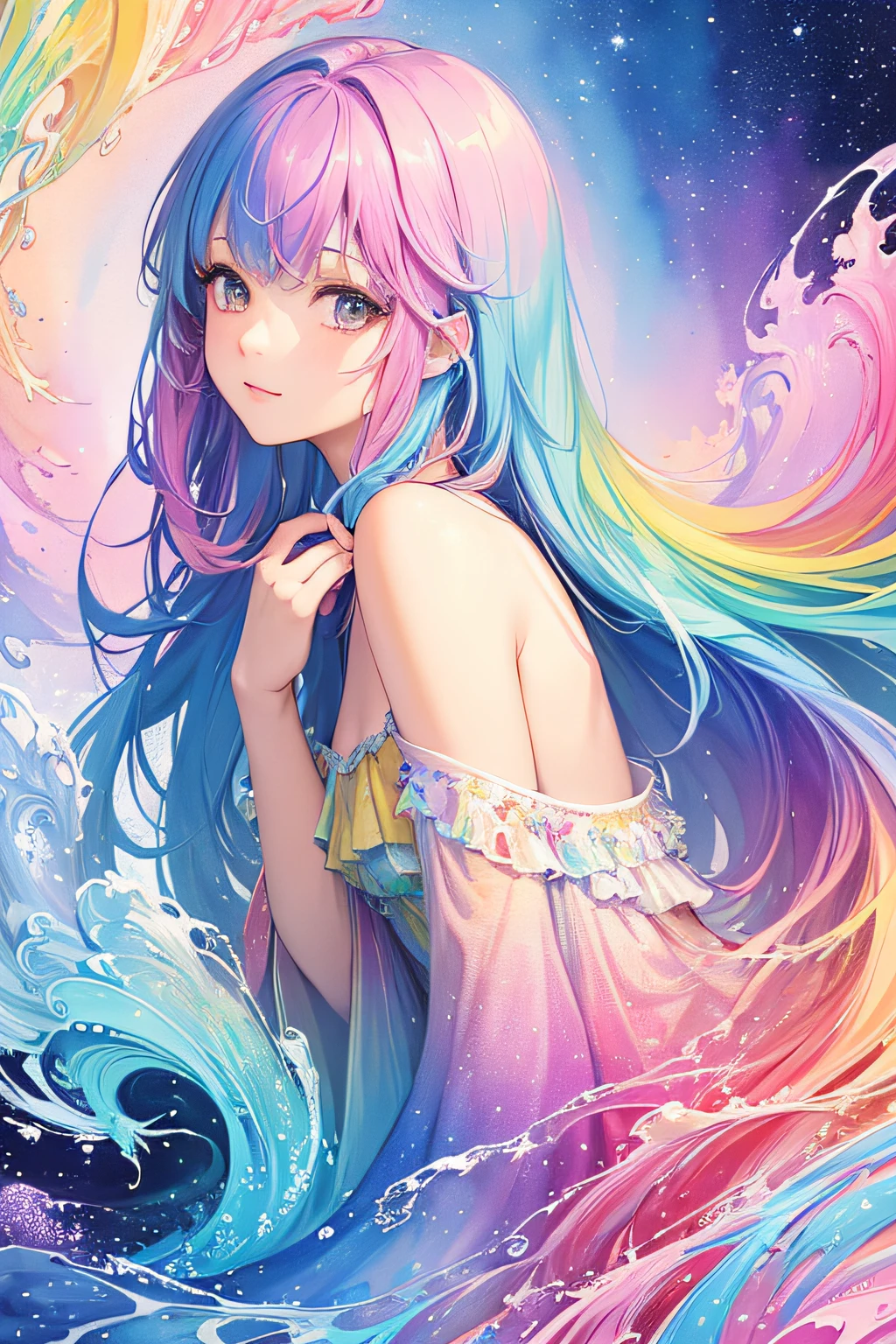 (masterpiece, top quality, best quality,watercolor (medium),official art, beautiful and aesthetic:1.2),(1girl:1.3), (fractal art:1.3),upper body, from side, looking at viewer,patterns,(rainbow color Hair,colorful hair,half blue and half pink hair:1.2),water,liquid, cloud,colorful, starry,stars,