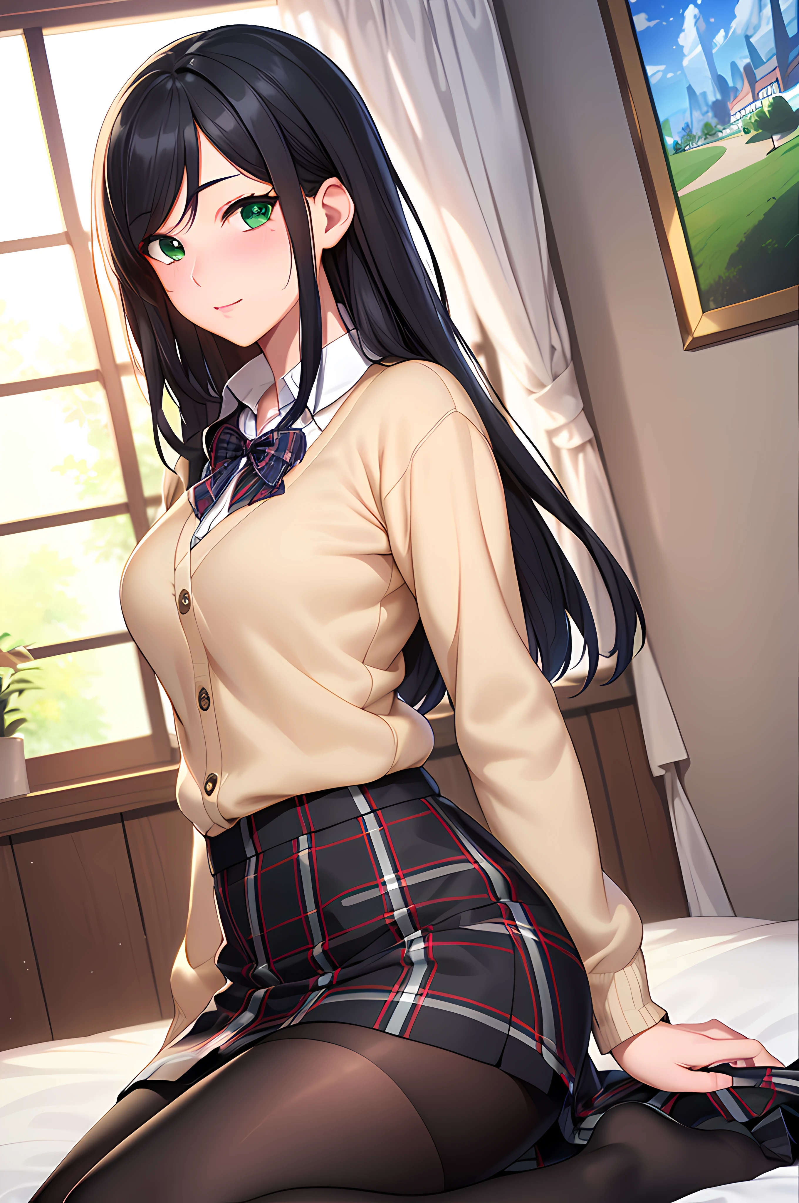 ((masterpiece, best quality, highres, UHD, perfect pixel, depth of field, 4k, RTX, HDR)), 1girl, single, solo, beautiful anime girl, official art, beautiful artstyle, anime character, ((long hair, parted bangs, black hair)), (green eyes:1.4, rounded eyes, beautiful eyelashes, realistic eyes), (detailed face, blushing:1.2), (smooth texture:0.75, realistic texture:0.65, photorealistic:1.1, anime CG style), medium breasts, perfect body, (white sweater, cardigan), ((black skirt:1.5, plaid skirt, stocking)), natural light, indoor, bedroom, on the bed, ((open the skirt))