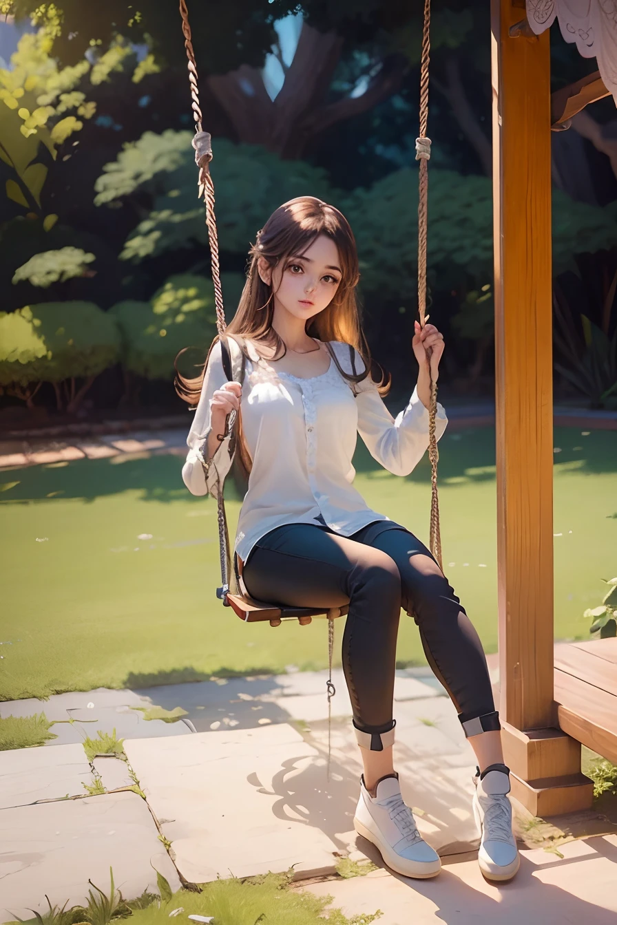 (masterpiece), (best quality), (ultra detailed),(disheed hair),(illustration), best lighting, best shadows, perfect hands, perfect finger, Anime, perfect illustration, 2d, 1girl, natural background, girl on swing, detailed face, fix finger, fix face