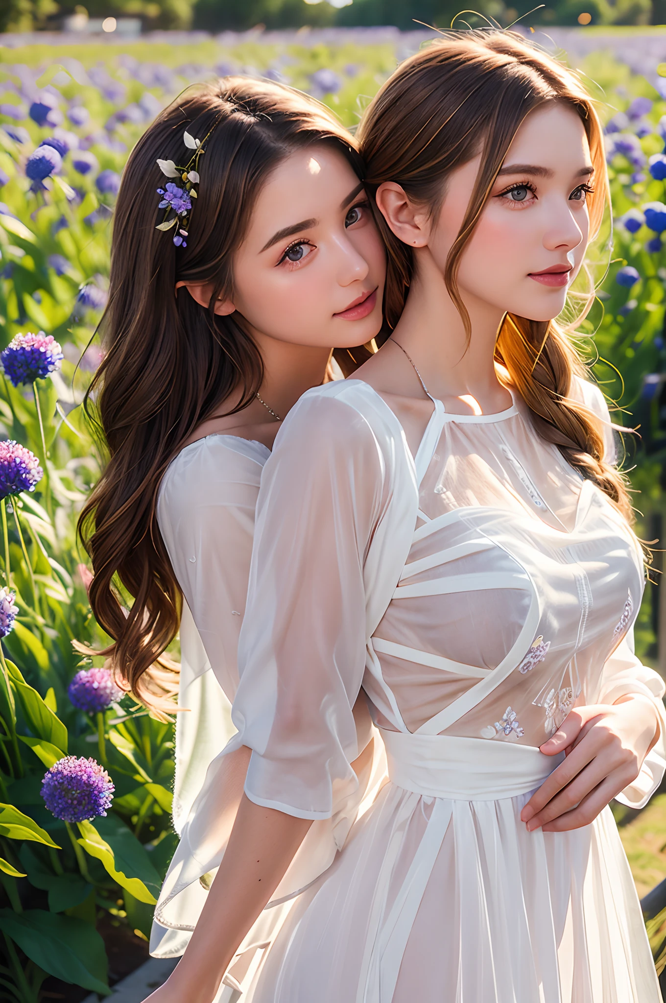 ((close-up of portrait of two young_women in see-through dress)),Embroidery pattern:1.5,belorussin,long blonde wave hair, standing on flowers field, big cornflowers in foreground (bokeh:1.2)), masterpiece, award winning photography, lighting, perfect composition, high detail, hyper realistic,dramatic lighting, epic,(dynamic pose:1.2),(dynamic camera),photo RAW,