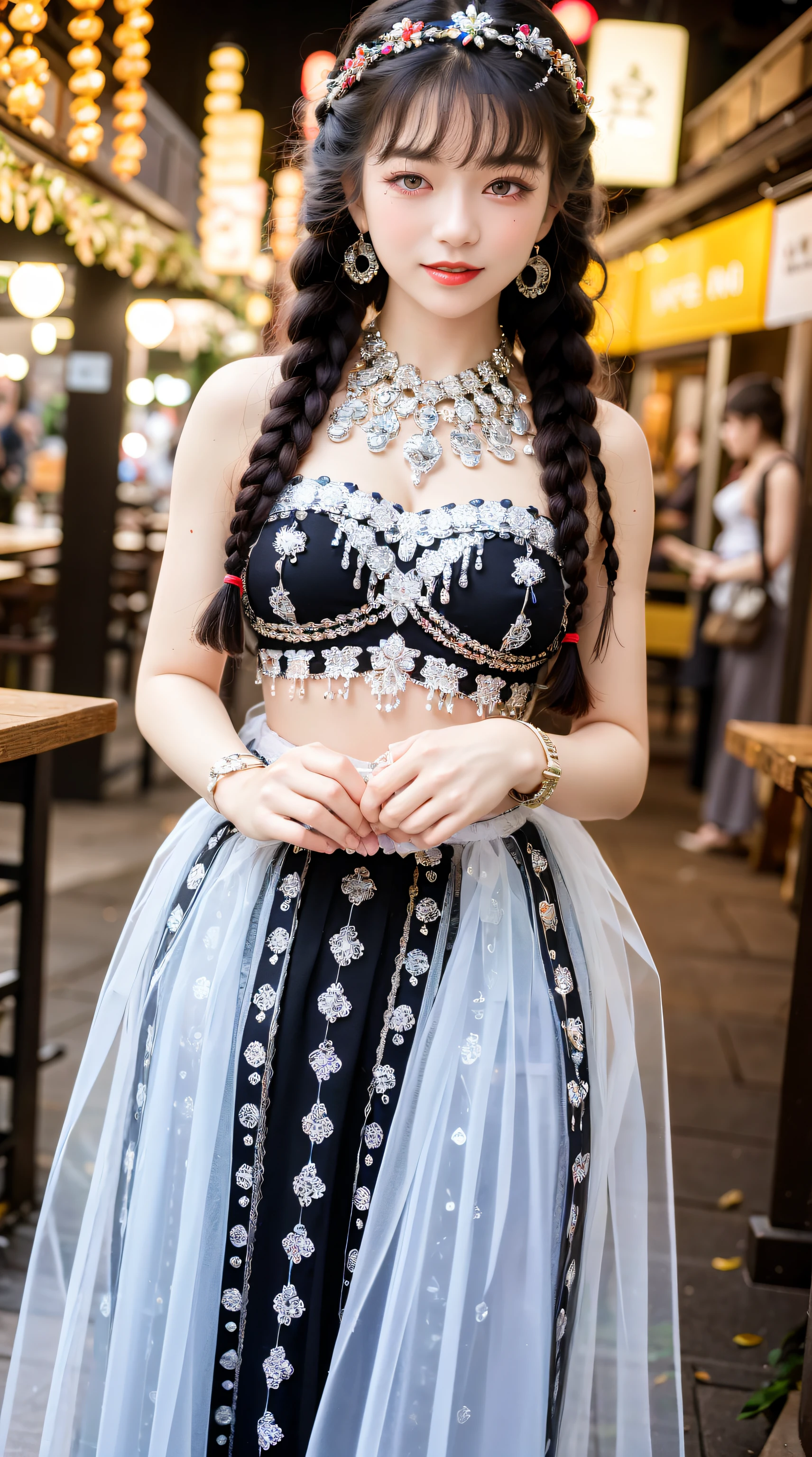 best quality, masterpiece, ultra high res, RAW, 8k, ultra-realistic, young girl, offshoulder, smile, natural light, detailed skin, (black hair:1.4), red lipstick, (Bangs:1.2), ((Lantern-Rite Background)), extremely beautiful eyes, (dark eyes:1.4), long skirt, flower, twin braids, beads