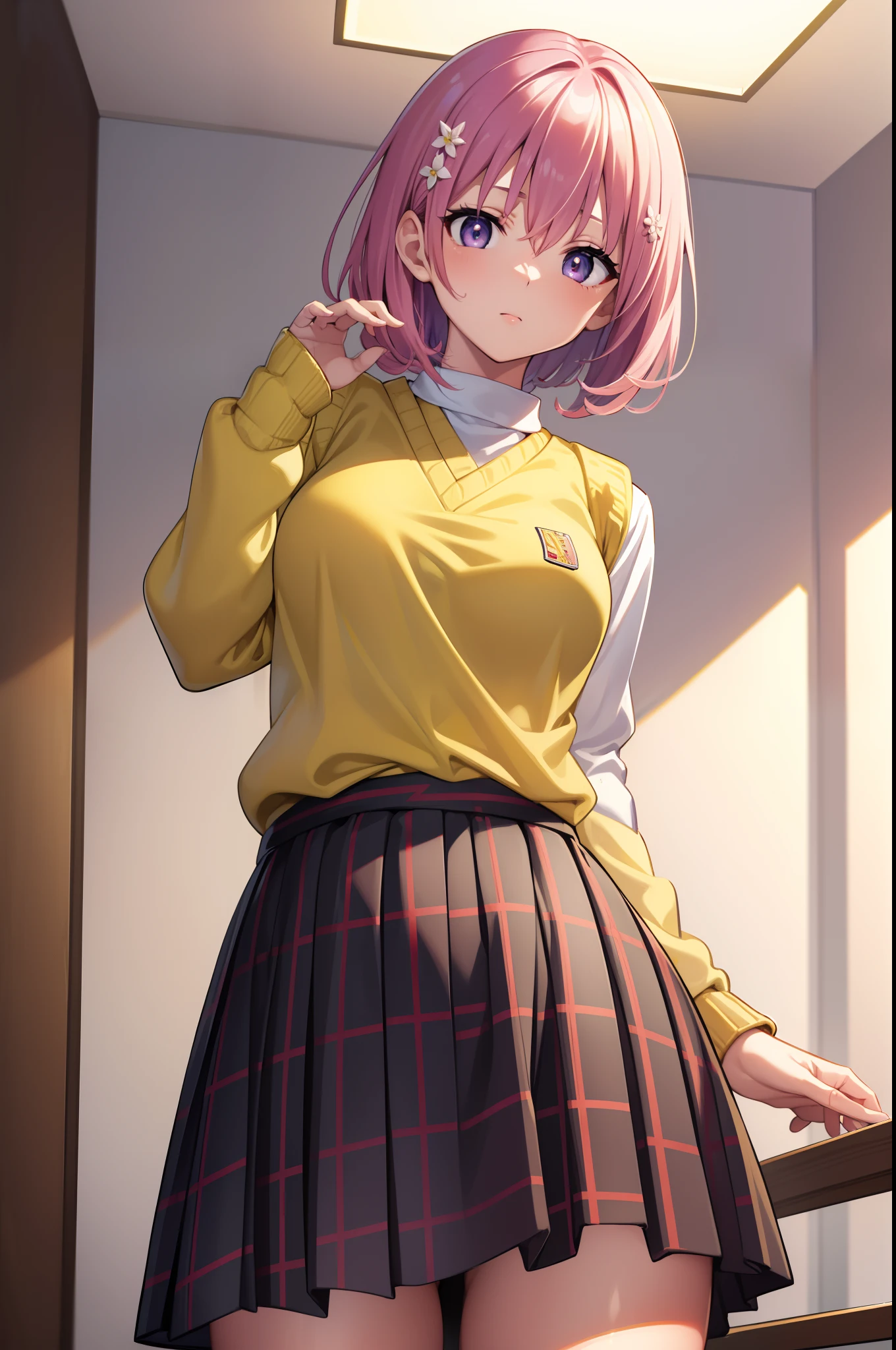Momodeville Luke, Momodebilke,, Hair Flower, Hair Ornament, (Purple eyes:1.1), Pink hair, Short hair,,
, Green skirt, Plaid, plaid skirts, Southwest College Uniform, School uniform, Skirt, Sweater Vest, thighs thighs thighs thighs, (Yellow sweater:1.5),
BREAK looking at viewer,
Break indoors, crass room,
BREAK (masutepiece:1.2), Best Quality, High resolution, Unity 8k壁纸, (Illustration:0.8), (Beautiful detailed eyes:1.6), extra detailed face, Perfect Lighting, extremely details CG, (Perfect hands, Perfect Anatomy),