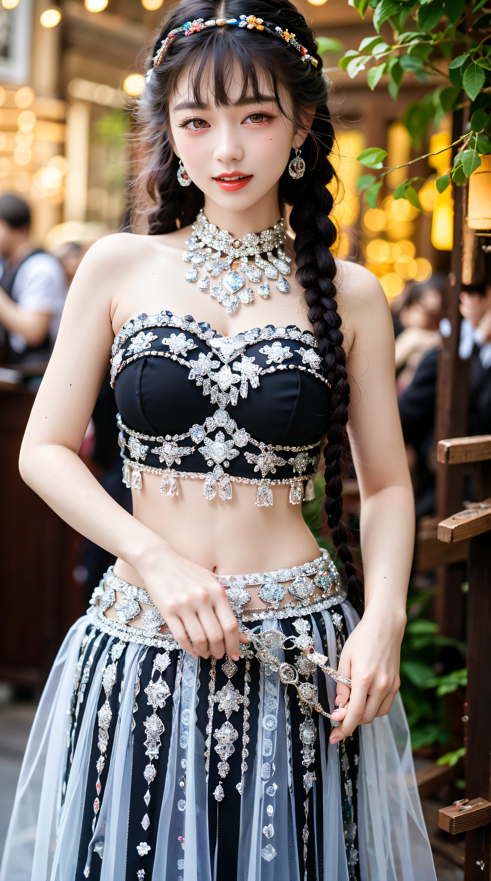 best quality, masterpiece, ultra high res, RAW, 8k, ultra-realistic, young girl, offshoulder, smile, natural light, detailed skin, (black hair:1.4), red lipstick, (Bangs:1.2), ((Lantern-Rite Background)), extremely beautiful eyes, (dark eyes:1.4), long skirt, flower, twin braids, beads