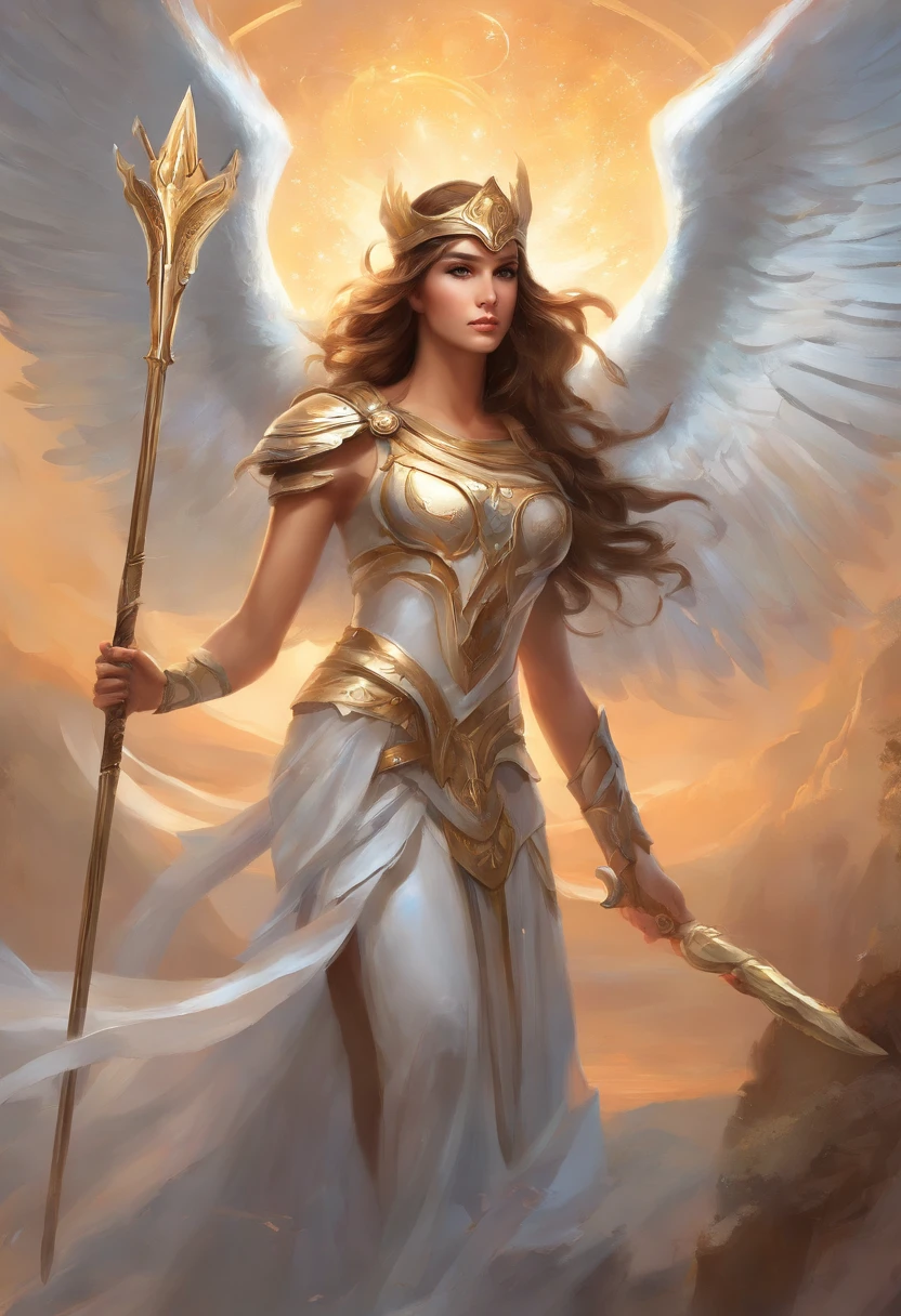 Greek Goddess Athena, brown hair, fierce gray eyes, angel white wings, she is wearing a greek light armor, she is holding a spear with her right hand, religious painting