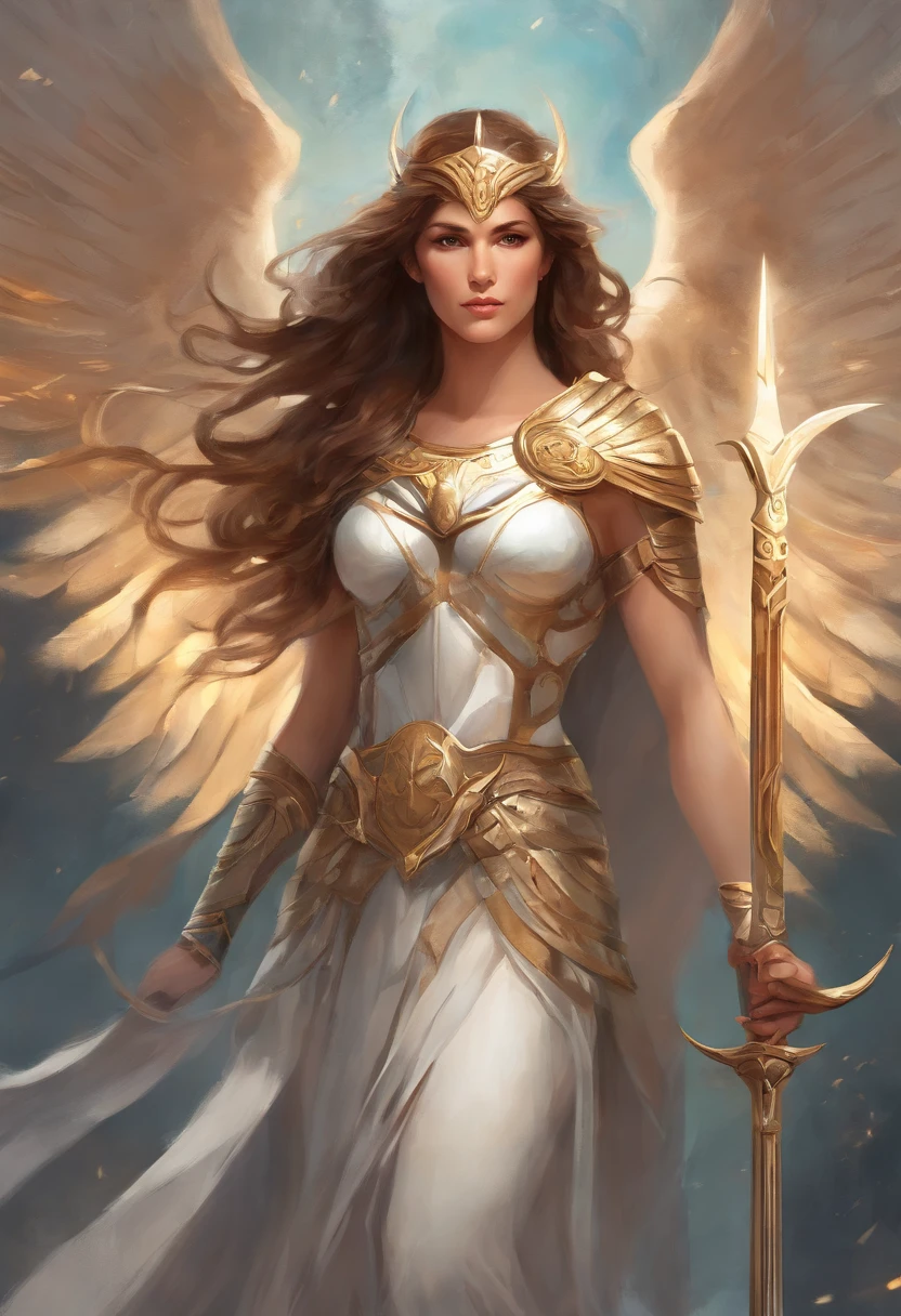Greek Goddess Athena, brown hair, fierce gray eyes, angel white wings, she is wearing a greek light armor, she is holding a spear with her right hand, religious painting