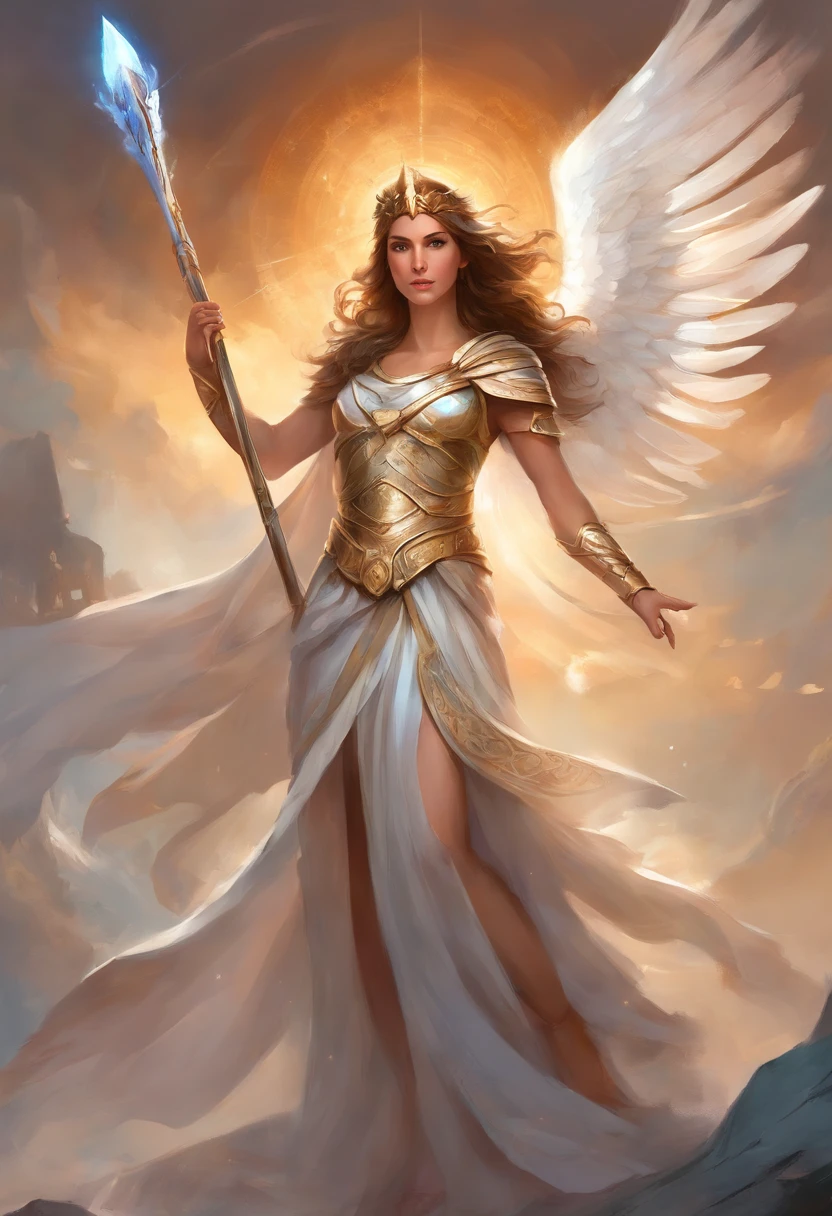 Greek Goddess Athena, brown hair, fierce gray eyes, angel white wings, she is wearing a greek light armor, she is holding a spear with her right hand, religious painting